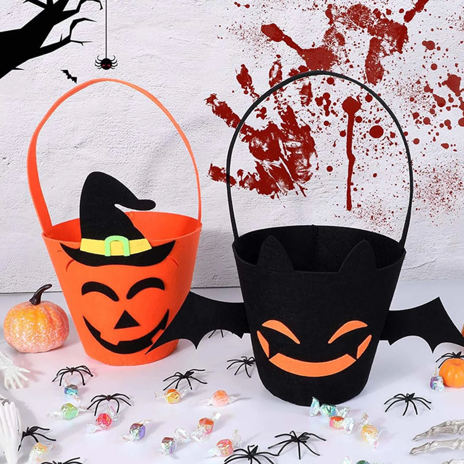 Zestaw wiader na Halloween, 2 filcowe kosze na słodycze z motywem dyni i nietoperza, kosz na Halloween dla dzieci, miska na słodycze do kolekcjonowania i dekorowania