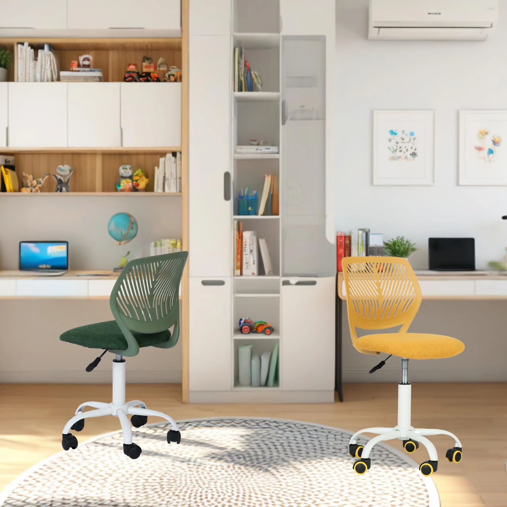 FurnitureR Krzesło gamingowe dla dzieci, krzesło biurowe, krzesło dla graczy, ergonomiczne, nowoczesne wzornictwo, bez rękawów, regulacja wysokości siedziska, gumowe kółka, zielone