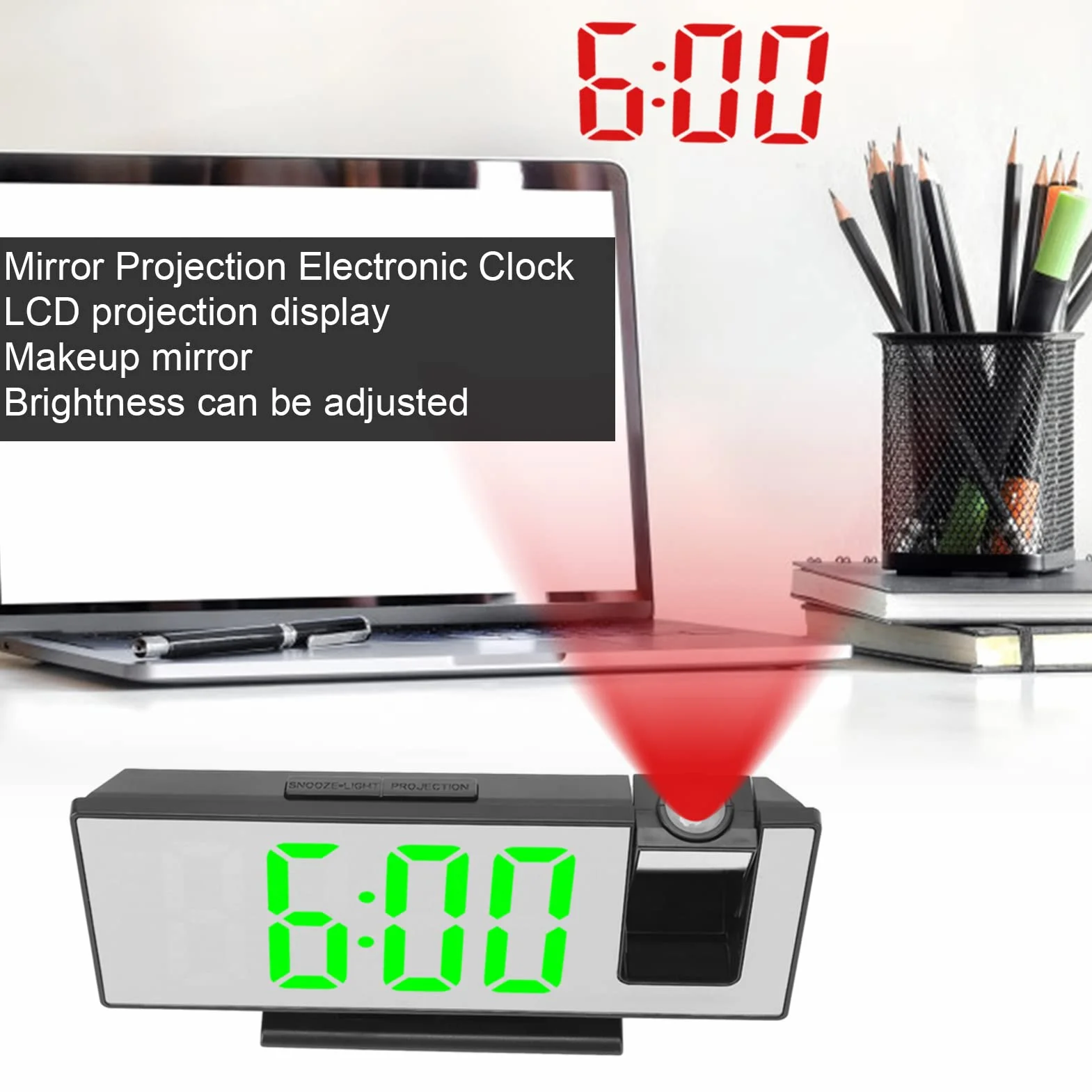 Cyfrowy Budzik z Projekcją LED 180° na Ścianę i Sufit, Zasilanie Bateryjne USB