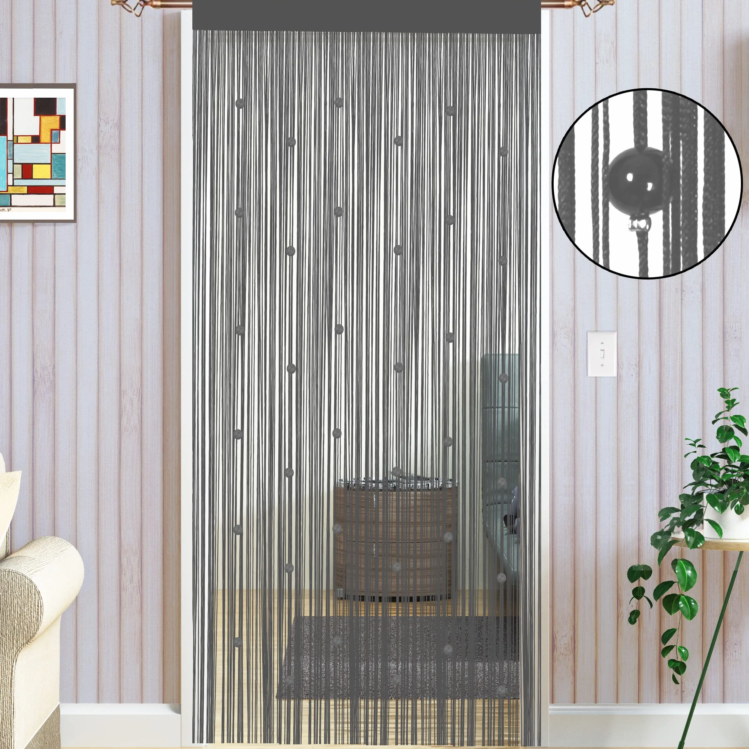 Taiyuhomes Zasłony Sznurkowe Do Drzwi, Moskitiera, Zasłona Z Koralikami, Dekoracje Okienne, Ścianka Działowa (90 x 245 cm) Szara