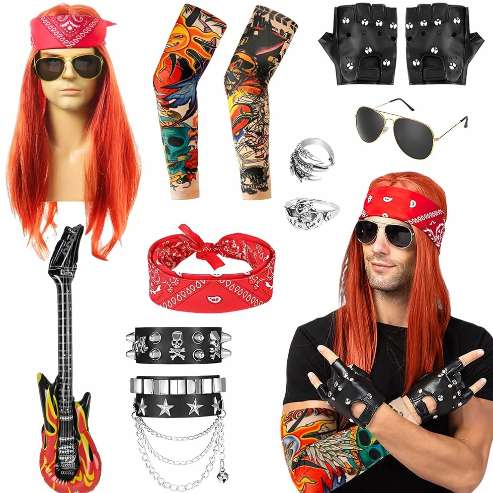 Męski kostium Rocker Star z lat 70-80-tych, ADDLIVE 9 sztuk punk rock dla mężczyzn z zabawnymi perukami, rękawy z tatuażami, bransoletka z ćwiekami, chustka na gitarę rękawiczki okulary