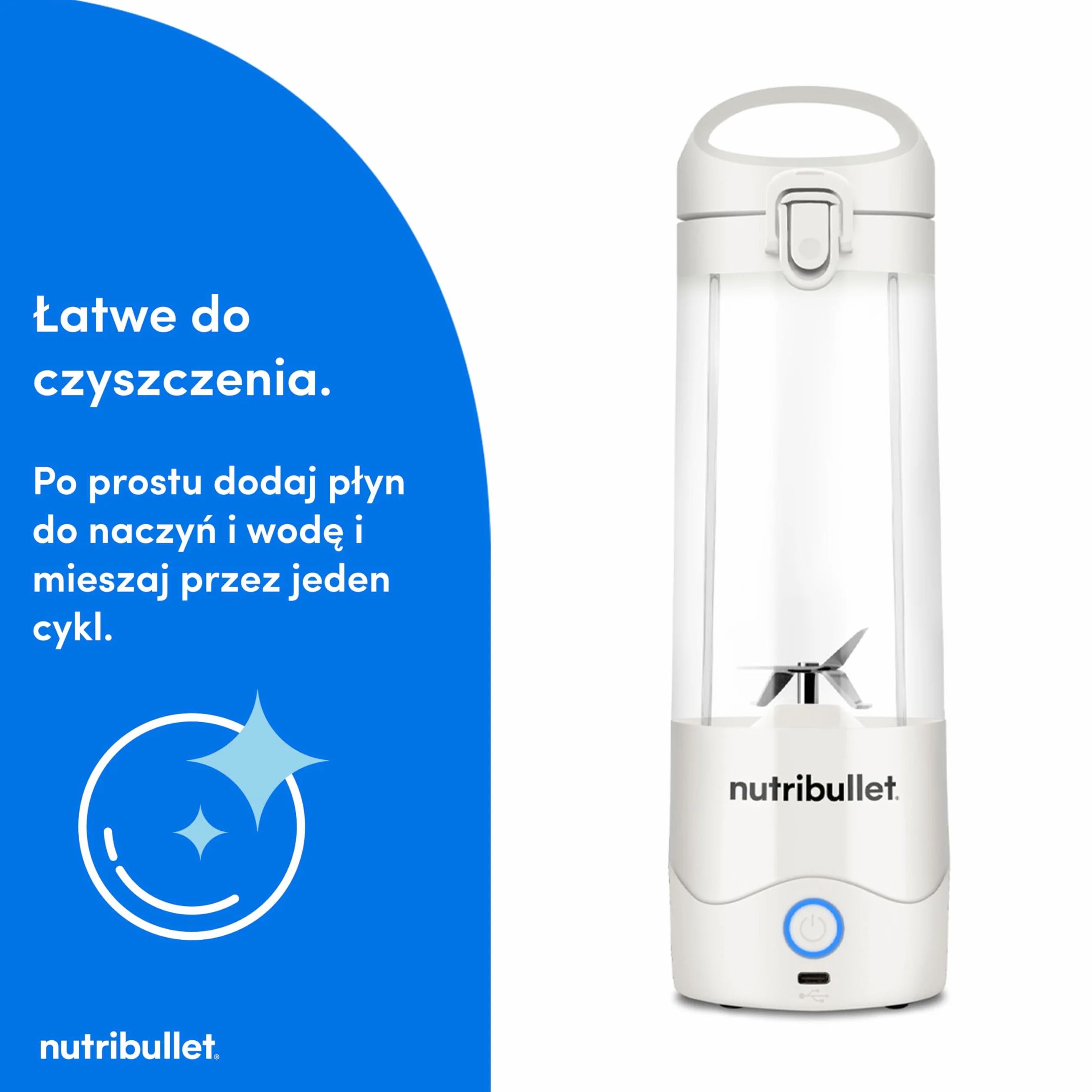 Nutribullet Mini Blender 475 ml Bez BPA Tritan 4-Stronne Ostrze Stal Nierdzewna USB-C Biały NBP003W