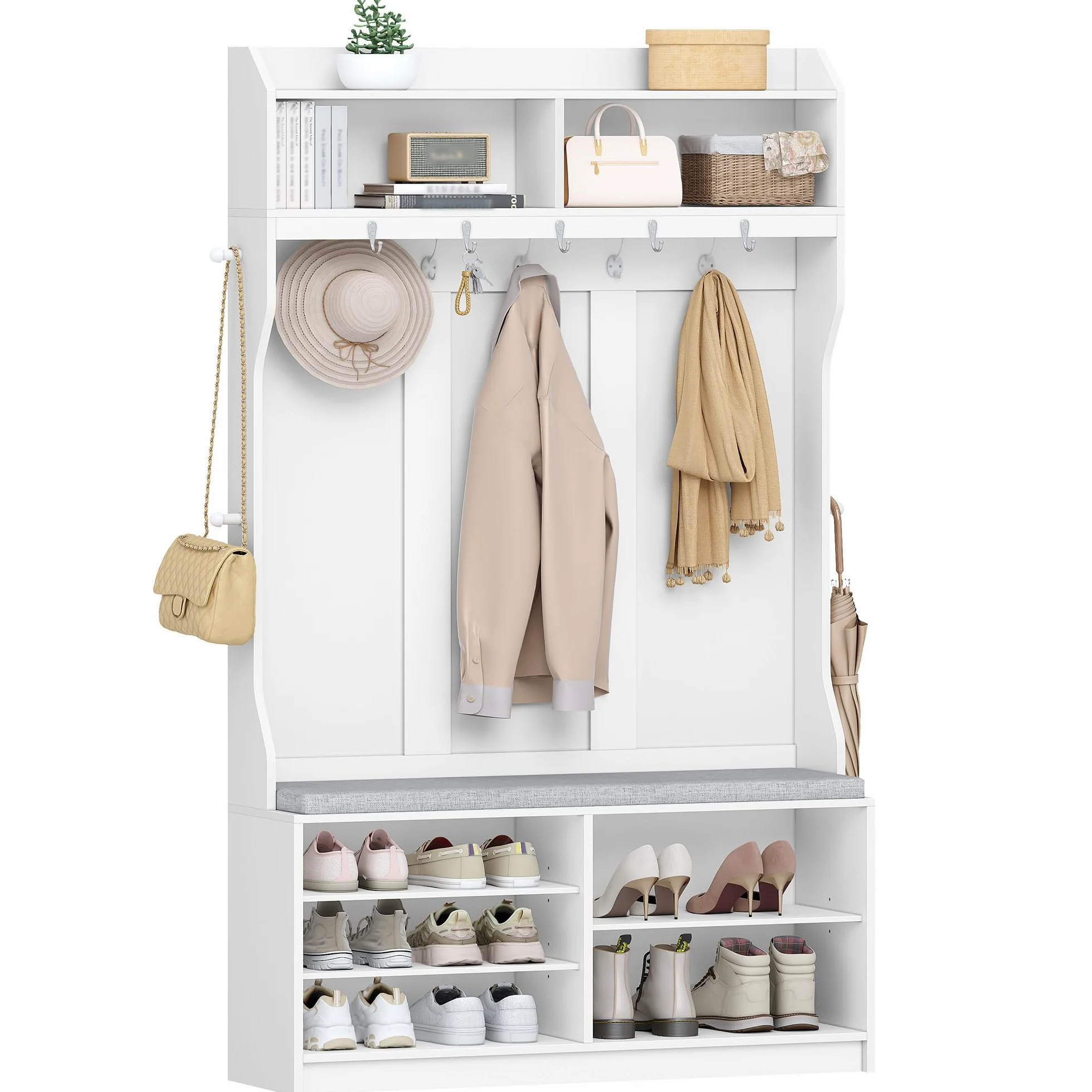 HEXCELEN Wieszak garderobiany z ławką na buty, garderoba z 14 haczykami i 7 otwartymi półkami, regulowane półki regałowe, do przedpokoju, salonu, 30 x 100 x 183,4 cm, biały