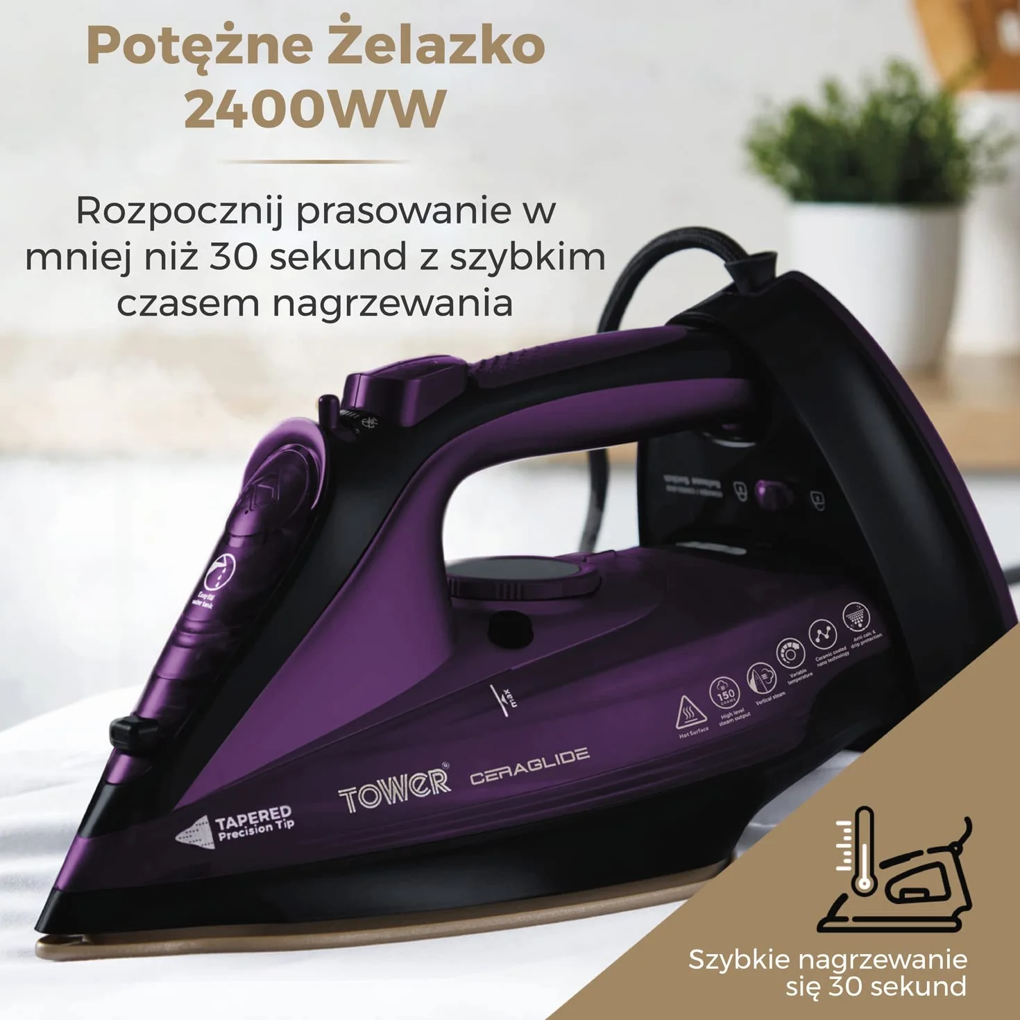 Tower CeraGlide Bezprzewodowy Steam Żelazo z Ceramika Talerz Fioletowy