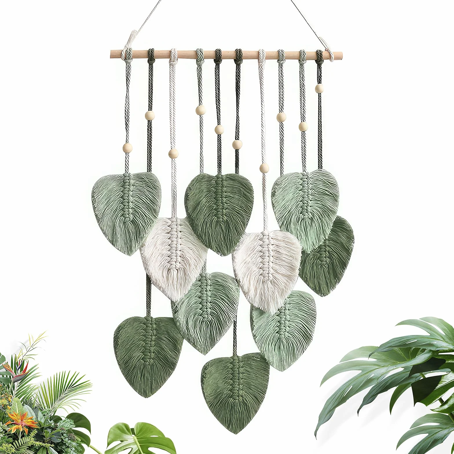 Comius Sharp Macrame Wall Hanging Boho Decor, Leaf Tapestry, Woven Tassels, 40 x 90 cm, Zielony