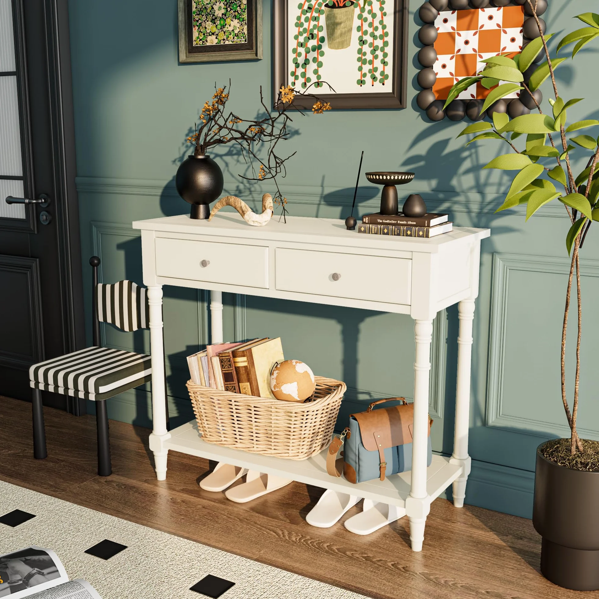 PADMA HOUSE Stolik konsolowy z 2 szufladami 90 x 35 x 76,5 cm retro biały