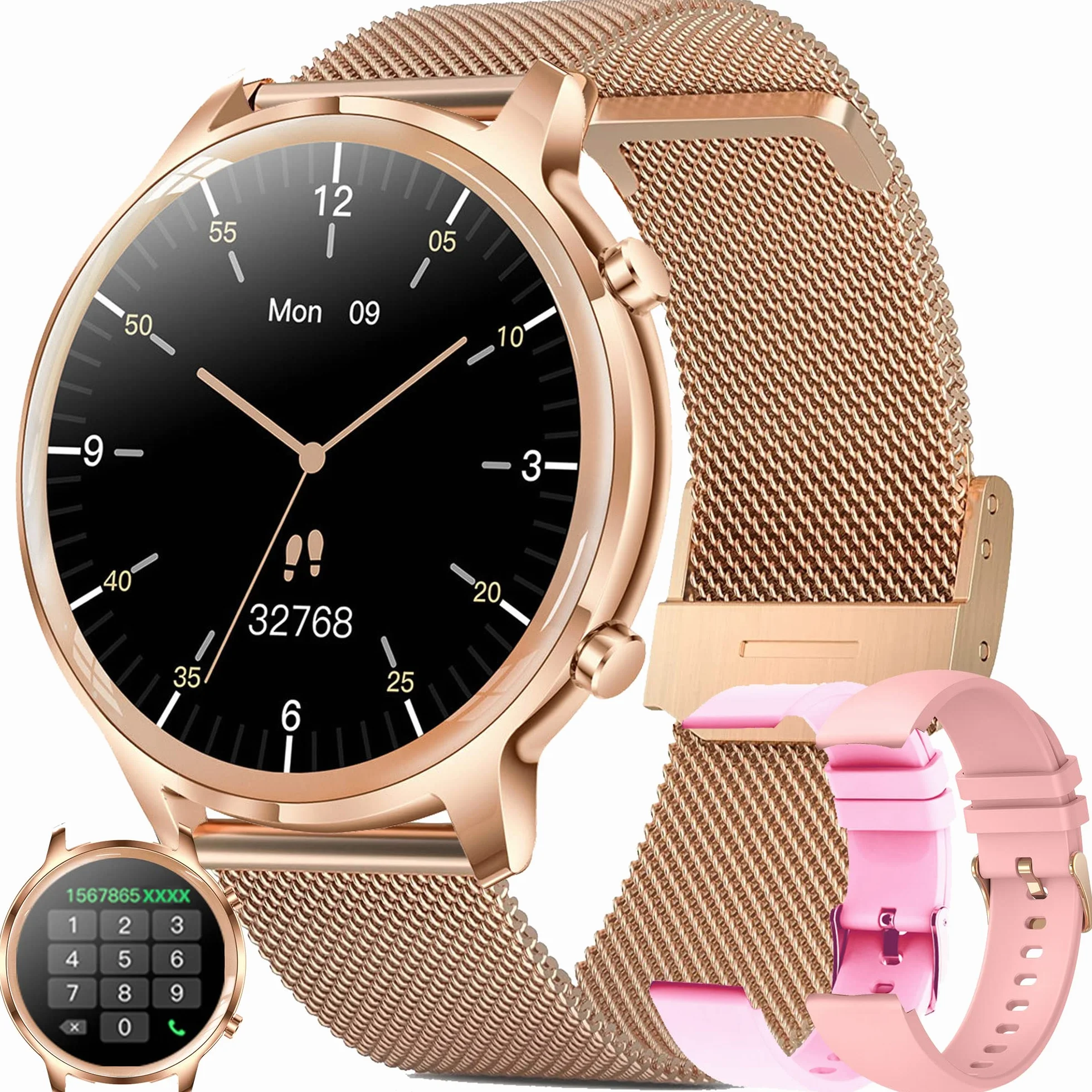 Smartwatch damski z funkcją telefonu, 2022 1,32" HD, z pełnym ekranem dotykowym, z połączeniami Bluetooth, IP67 Fitness Tracker SpO2, pulsometr monitor snu, kalorie, Android iOS (złoty)