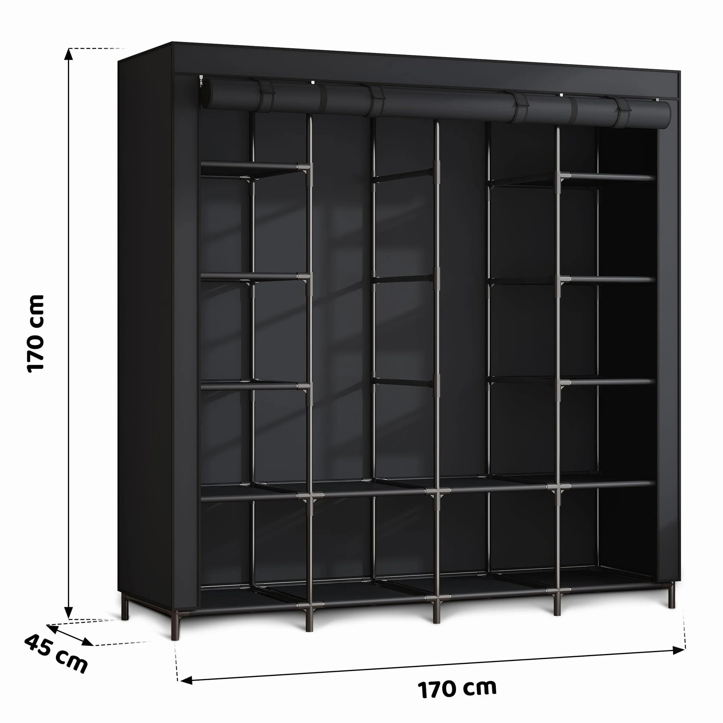 Szafa Tekstylna Składana Materiałowa 14 Półek 1 Drążek Stalowy 170x45x170 cm Czarna