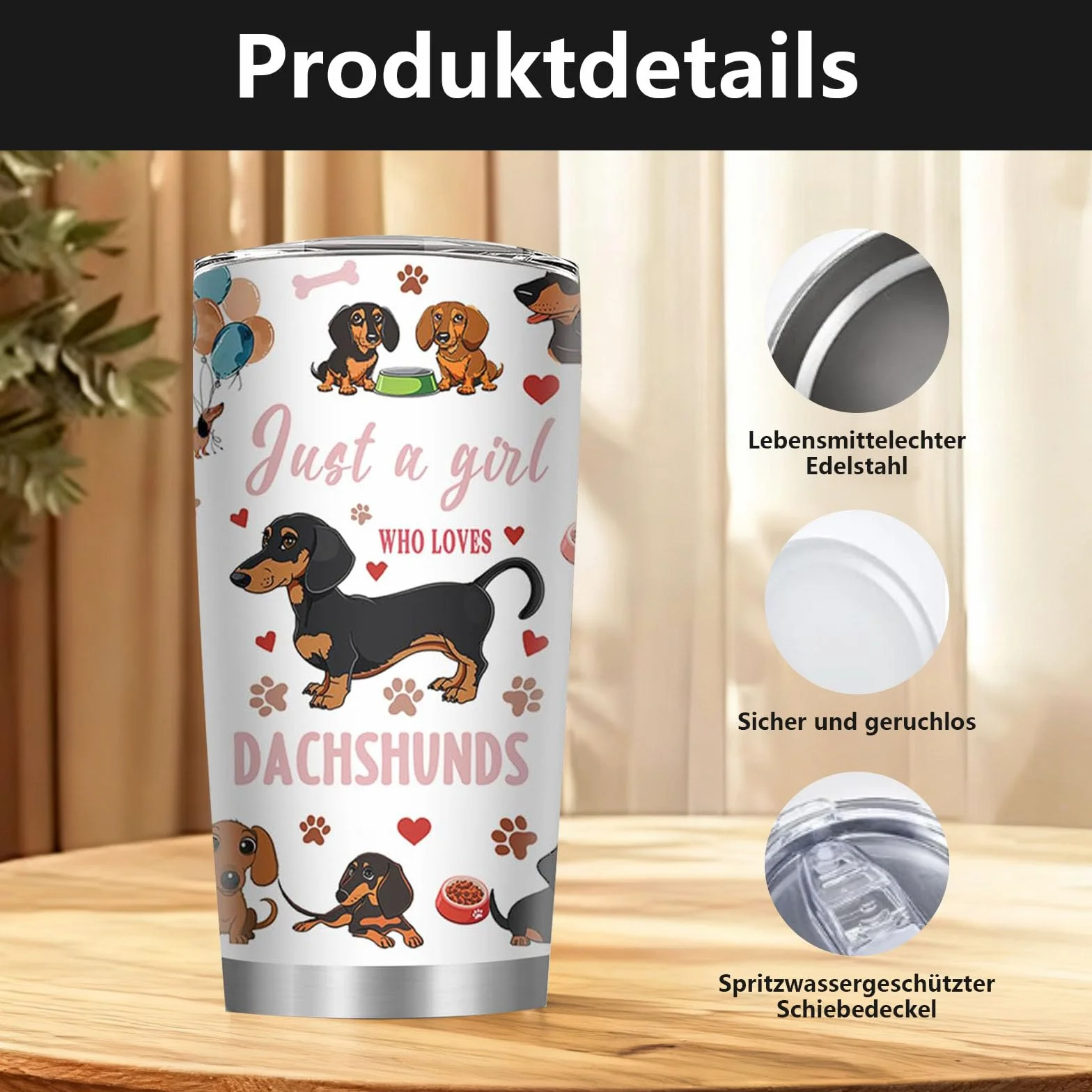 Onperpoe Kubek ze stali nierdzewnej, 590 ml, z podwójnymi ściankami, izolowany kubek z pokrywką i słomką, ze wzorem jamnika, kubek termiczny do kawy, do biura, na podróż, piknik