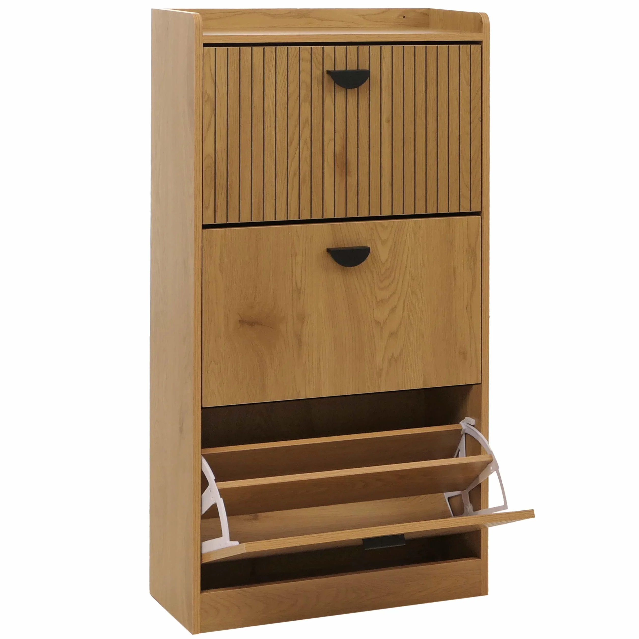 Mendler Szafka na buty HWC-O39, uchylny regał na buty, 3 klapy, półki składane, MDF, melamina, metal, 117 x 60 x 24 cm, kolor naturalny