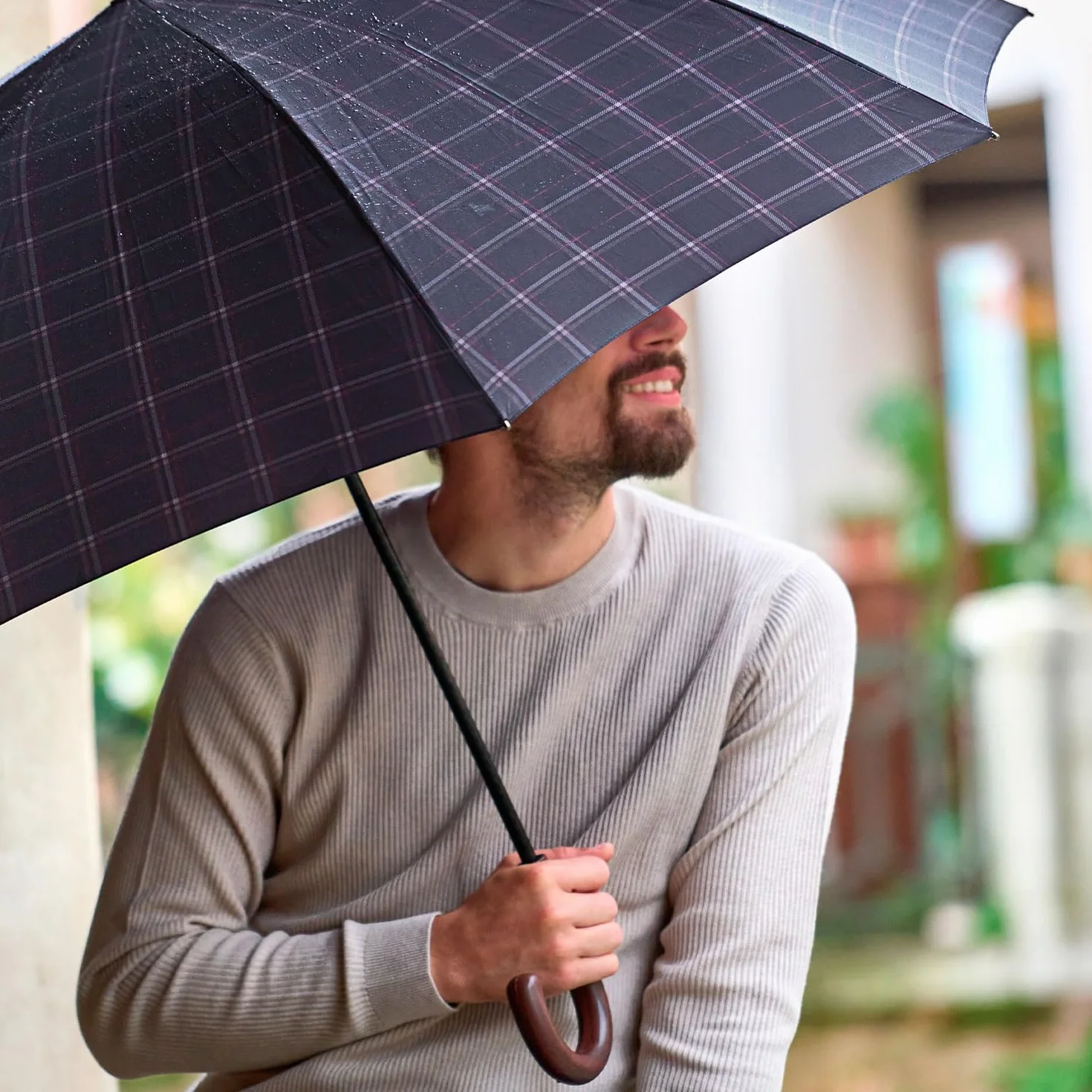 Automatyczny Parasol Mężczyzn Wygiętą Rączką - Parasol Męski Wiatroodporny Kieszonkowy Automatycznym Systemem Otwórz Zamknij Szkocka Fantazja - Średnica 104 cm - Perletti (Tartan Niebieski i Zielony)