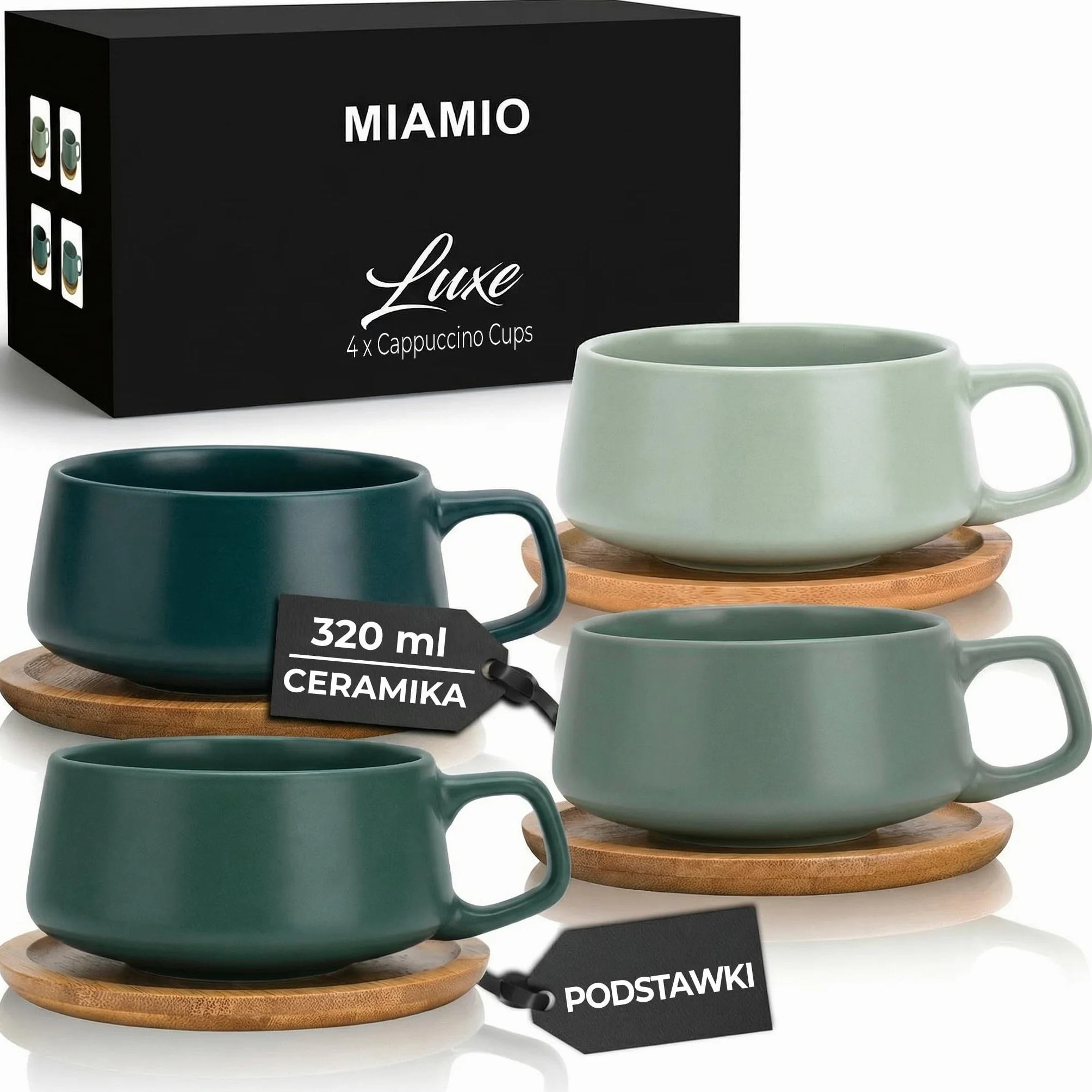 Filiżanki Ceramiczne 320 ml Zestaw 4 - Kubki do Kawy Herbaty Cappuccino z Spodkami Bambusowymi