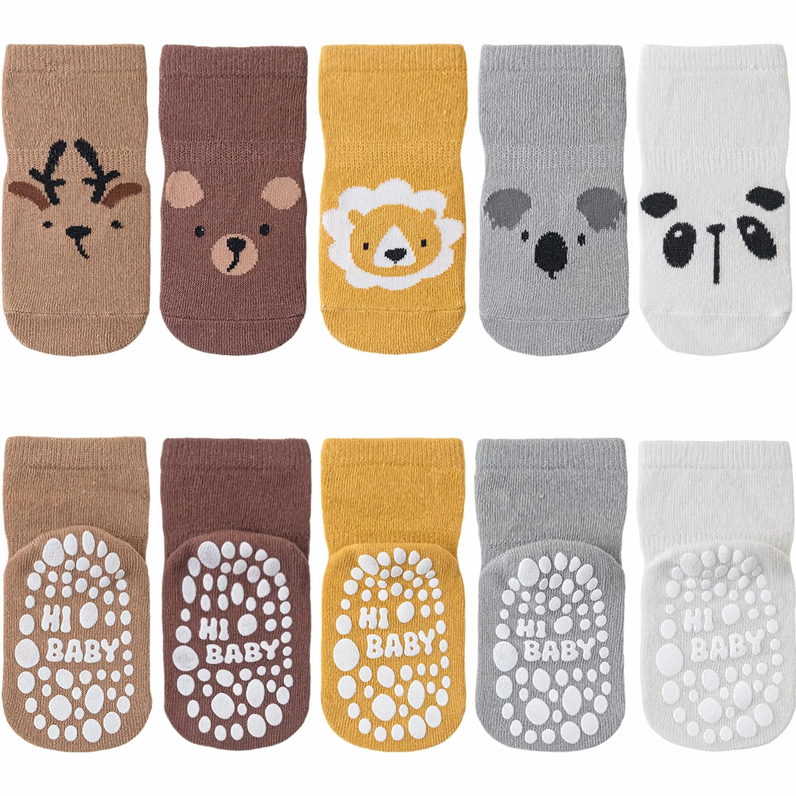 SockWaddles skarpetki dziecięce, 5 par oddychających skarpetek antypoślizgowych dla dzieci z ABS, skarpetki do raczkowania dla dzieci z bawełny, zwierzętami i jednorożcami