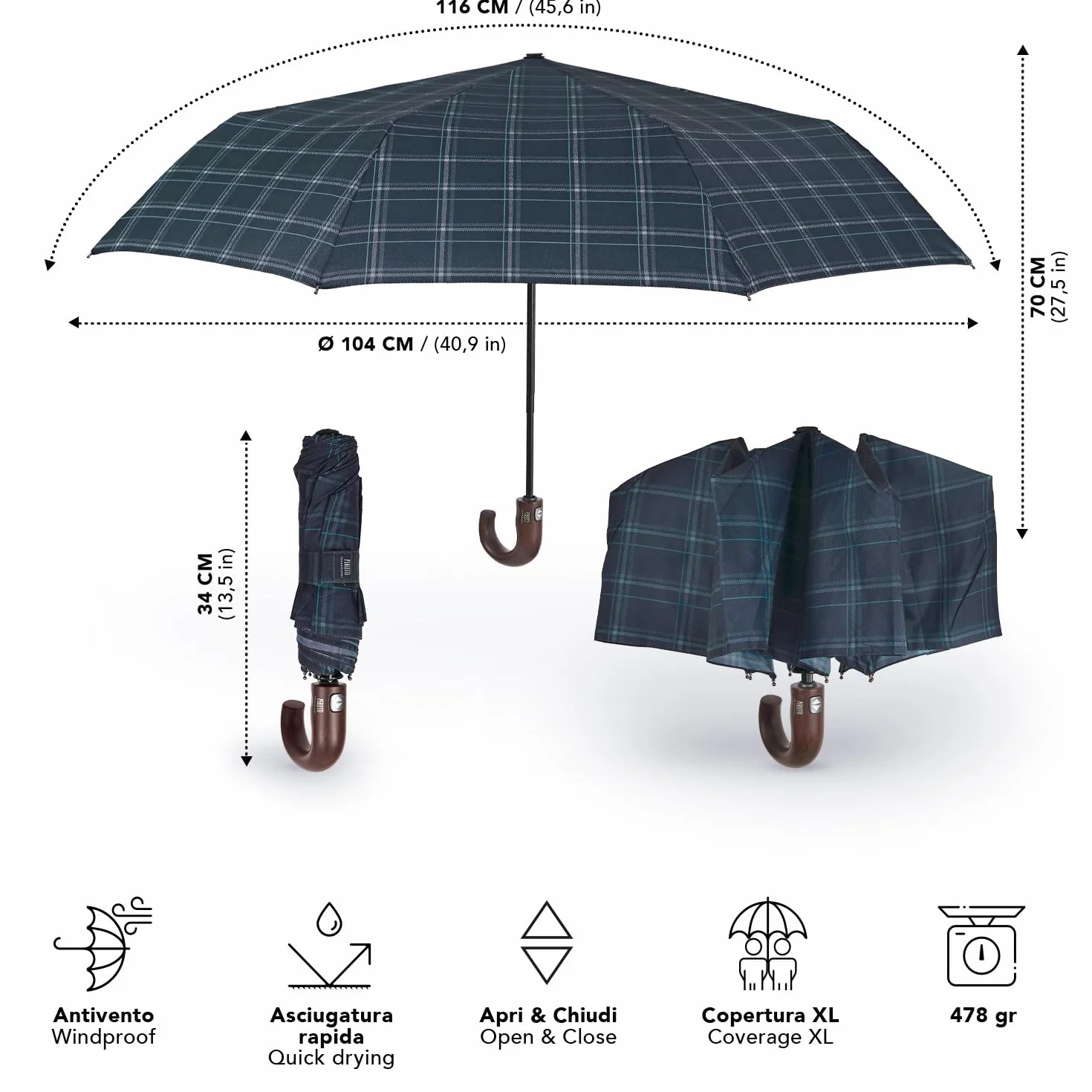 Automatyczny Parasol Mężczyzn Wygiętą Rączką - Parasol Męski Wiatroodporny Kieszonkowy Automatycznym Systemem Otwórz Zamknij Szkocka Fantazja - Średnica 104 cm - Perletti (Tartan Niebieski i Zielony)