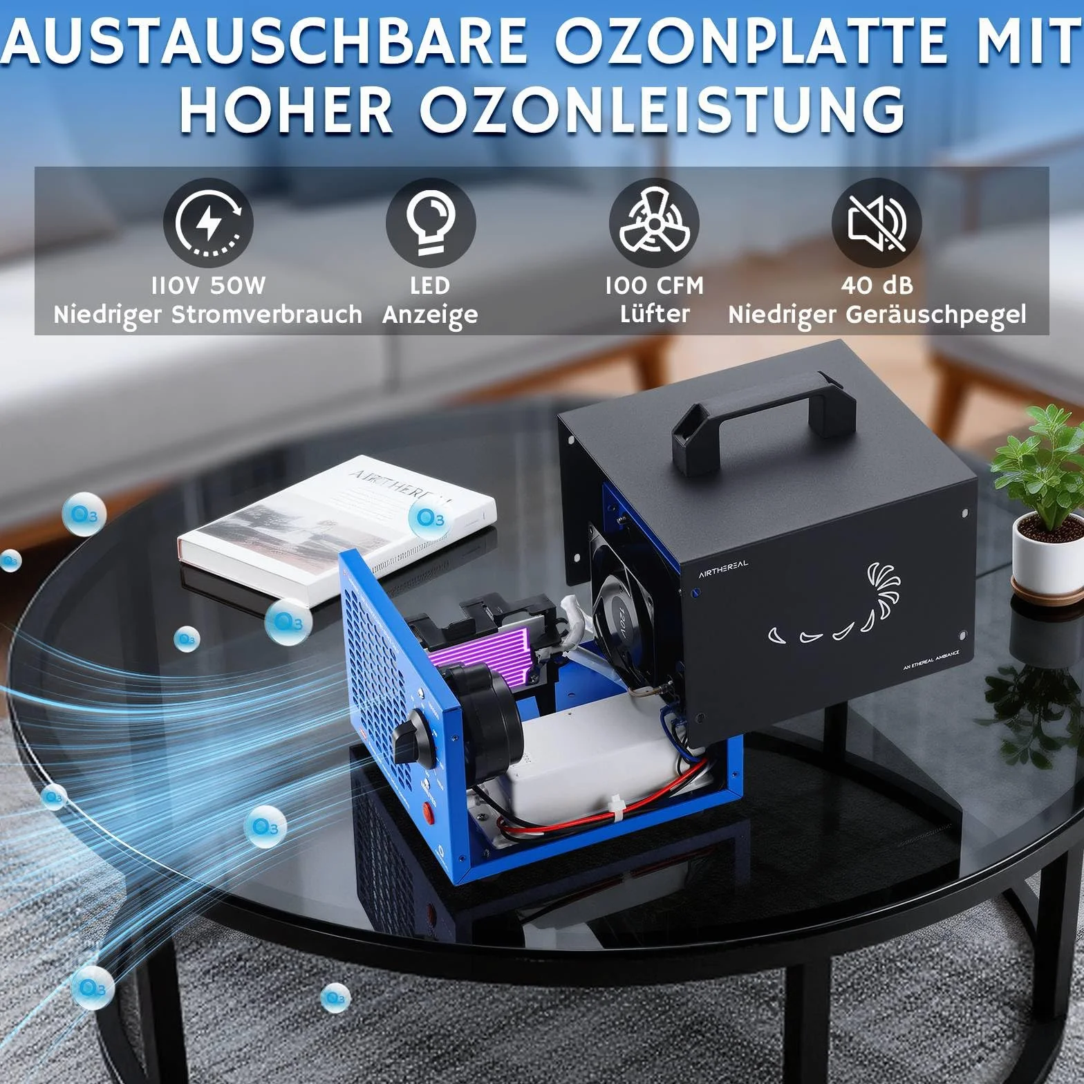 Airthereal MA5000 Komercyjny generator ozonu, ozonator z timerem, usuwa zapachy do 300 m², niebieski