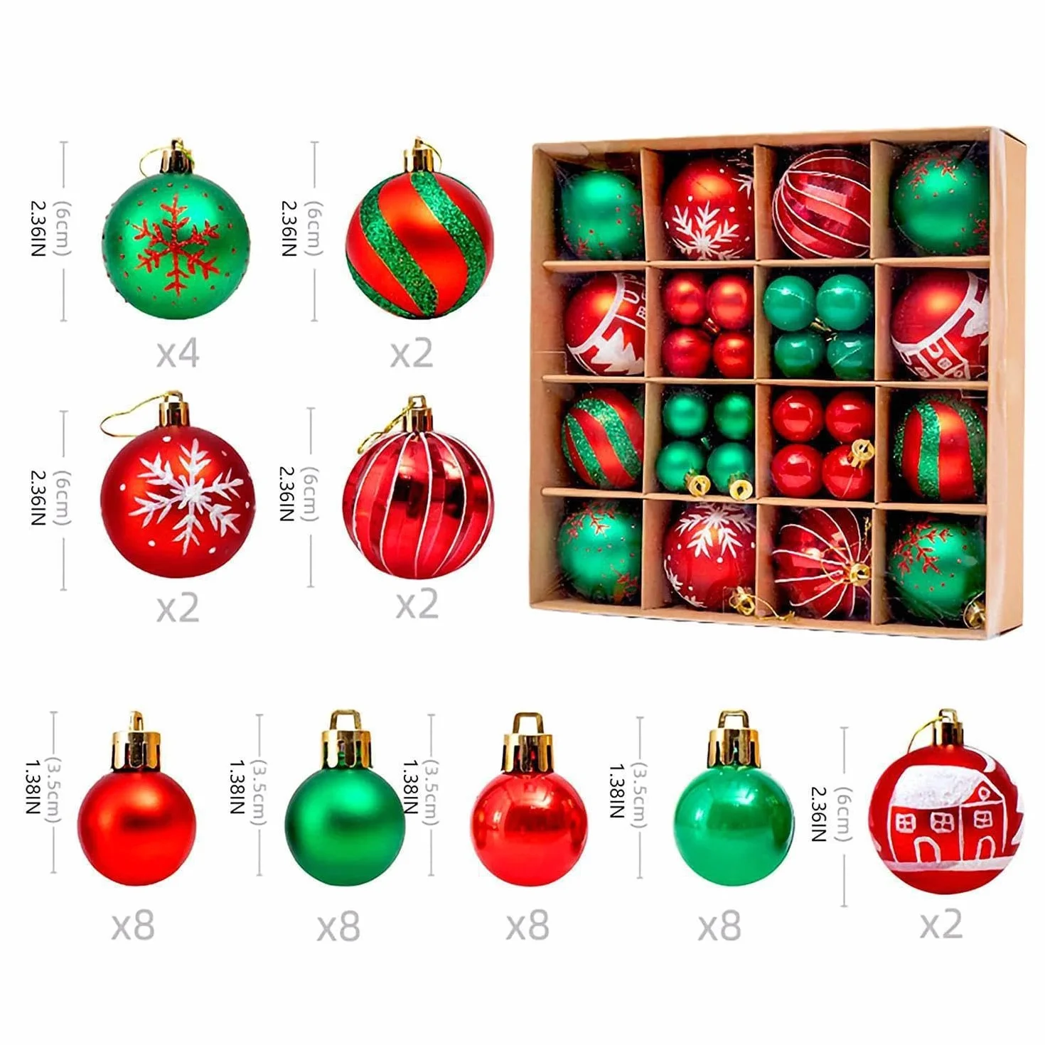 Bombki choinkowe 44 szt. zestaw mini 3 cm i 6 cm zielone czerwone