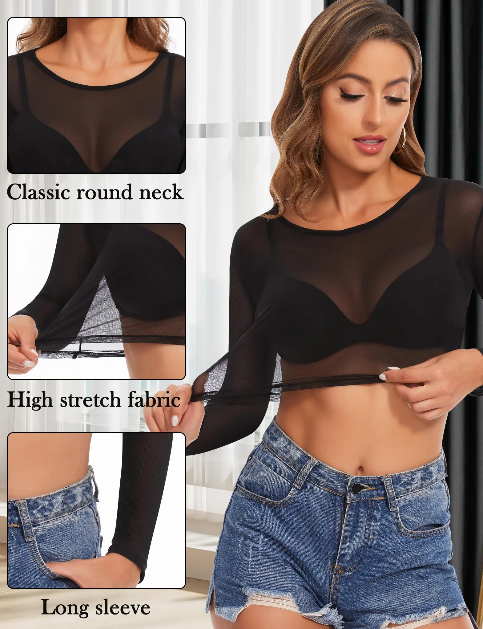 Kiiwah Damskie przezroczyste topy z długim rękawem seksowna bluzka sheer siatkowa przezroczysta koszulka krótki top z siateczki w kształcie litery O slim fit klubowa koszula tiulowa siatka top