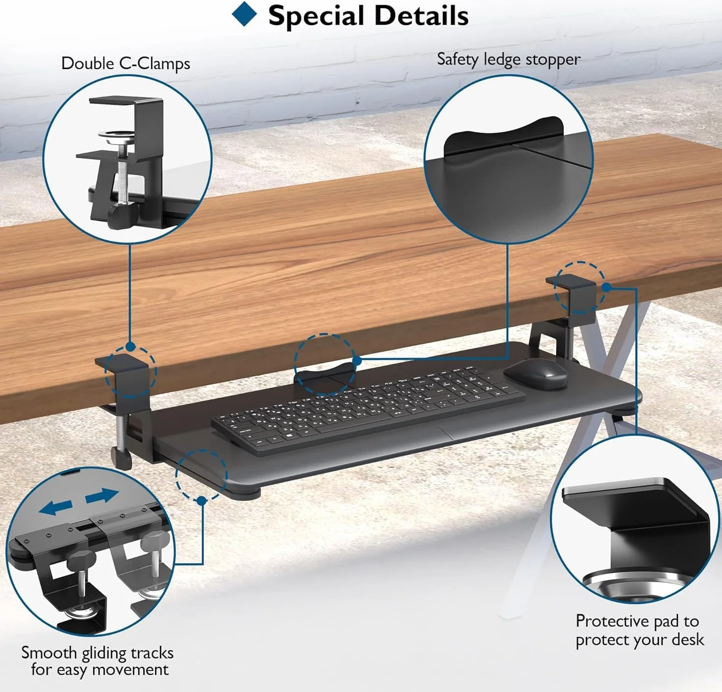 BONTEC Taca na Klawiaturę Pod Biurko, Wysuwana Szuflada na Klawiaturę z Solidnym Zaciskiem C, 650 x 300 mm, Ergonomiczne Rozwiązanie do Domu i Biura
