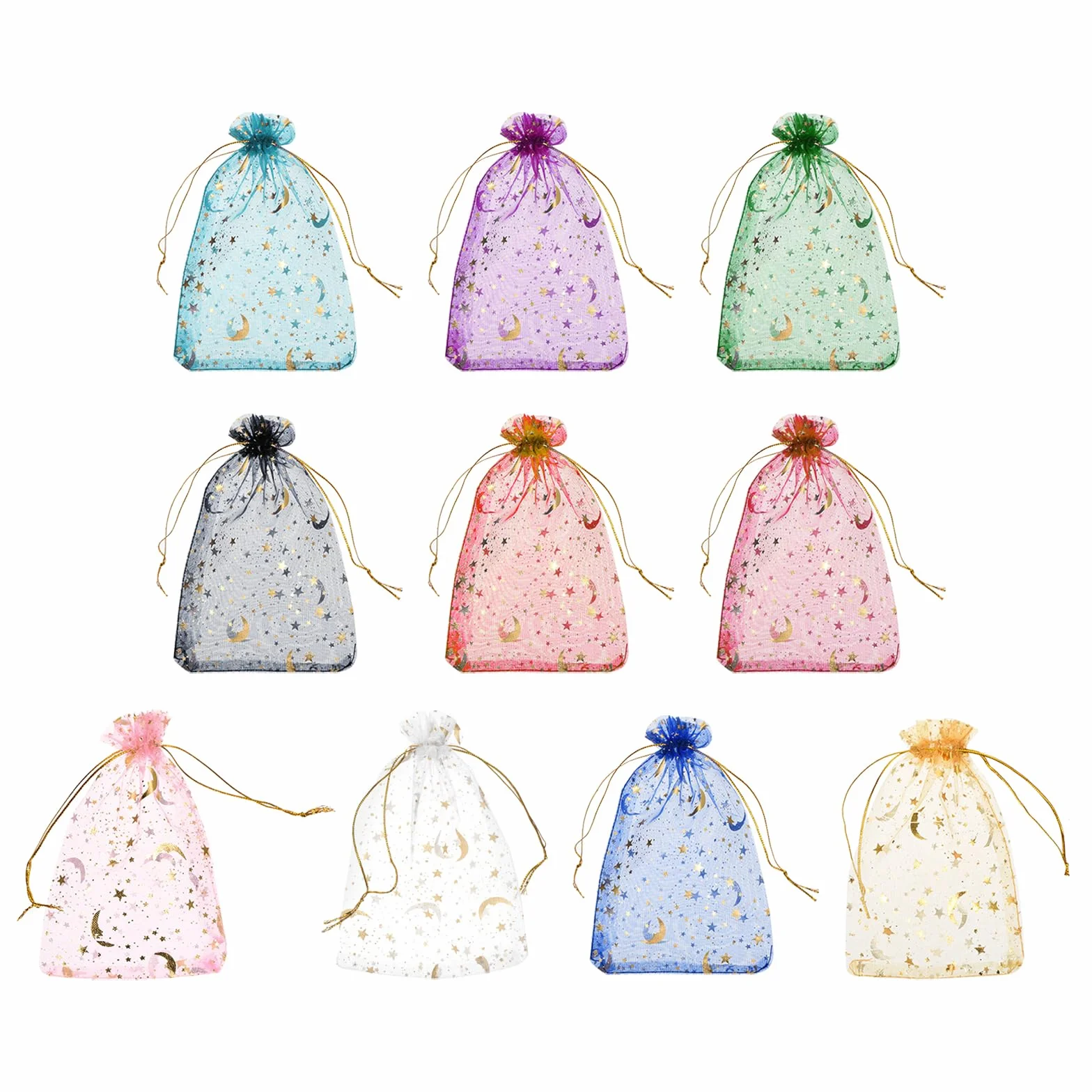 QUARKZMAN Woreczki z organzy, 50 sztuk, 10 x 15 cm, woreczki prezentowe, woreczek na biżuterię, wzór Moon-Star, woreczki siatkowe ze ściągaczem, woreczki z organzy na wesele, imprezę, słodycze, 10