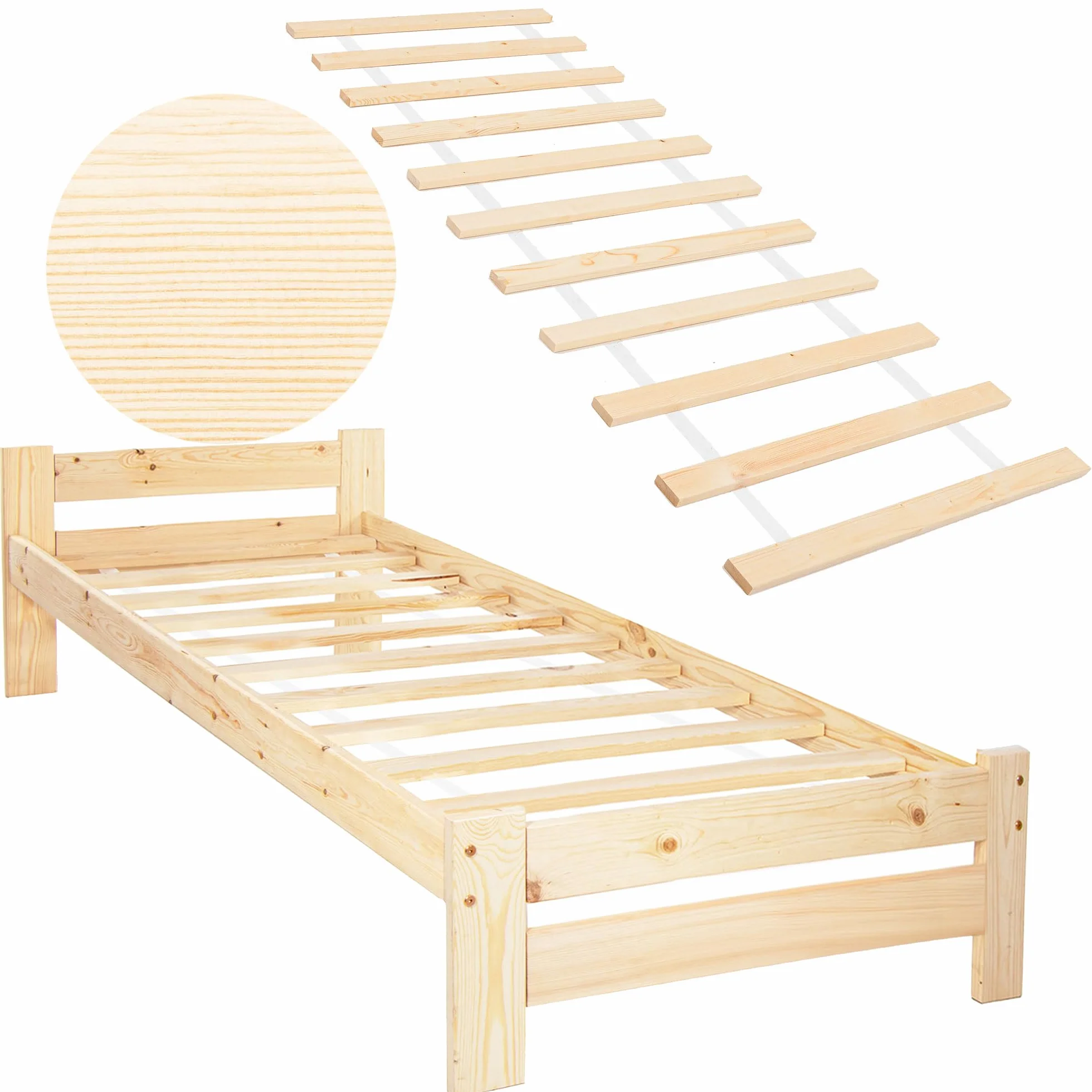 SPRINGOS Łóżko pojedyncze 200 x 90 cm z litego drewna ze stelażem