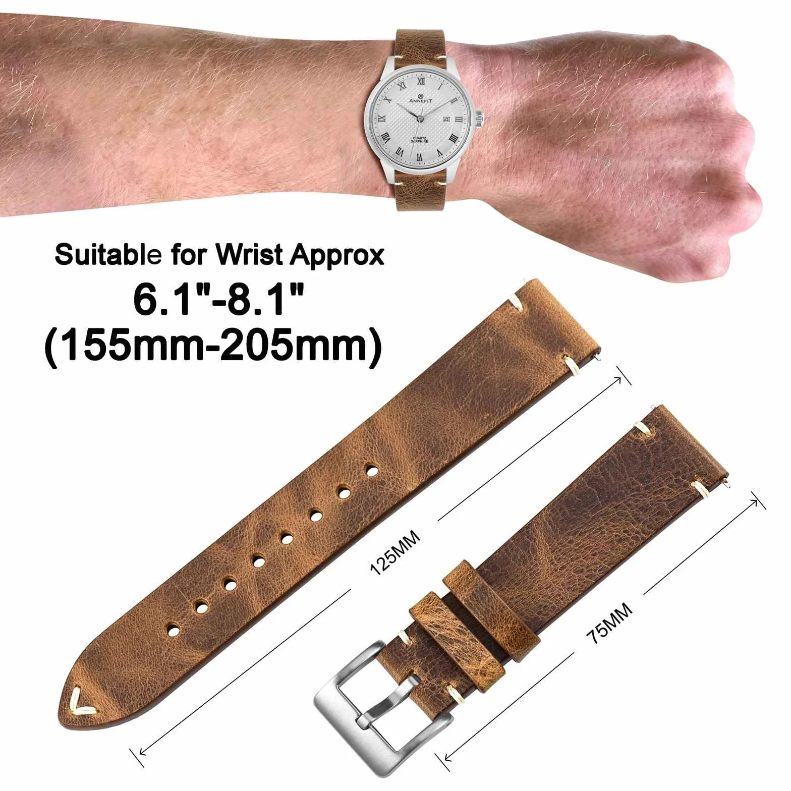 Annefit Pasek do zegarka dla mężczyzn i kobiet vintage, włoska skóra retro, pasek wymienny z szybkim uwalnianiem, 18 mm, 20 mm, 22 mm