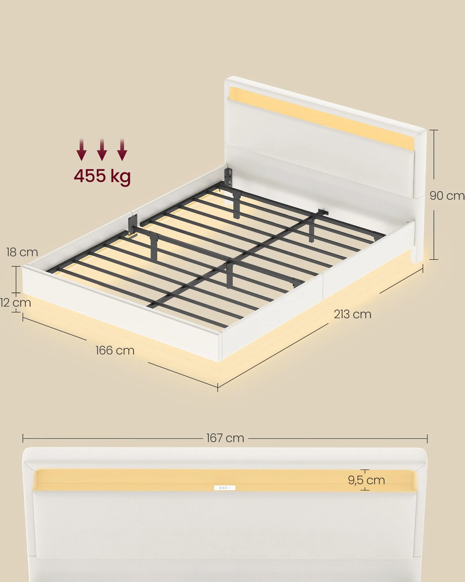 VASAGLE Łóżko podwójne 160x200 cm z oświetleniem LED, wysoki zagłówek, gniazda, biały RMB865W01
