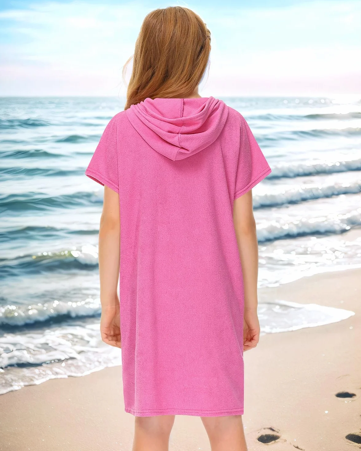 BesserBay Ponczo kąpielowy dla dziewczynek i chłopców, ręcznik frotte, szlafrok z kapturem, ponczo z kieszeniami, odzież plażowa unisex dla dzieci 120-160, Rosa, 140