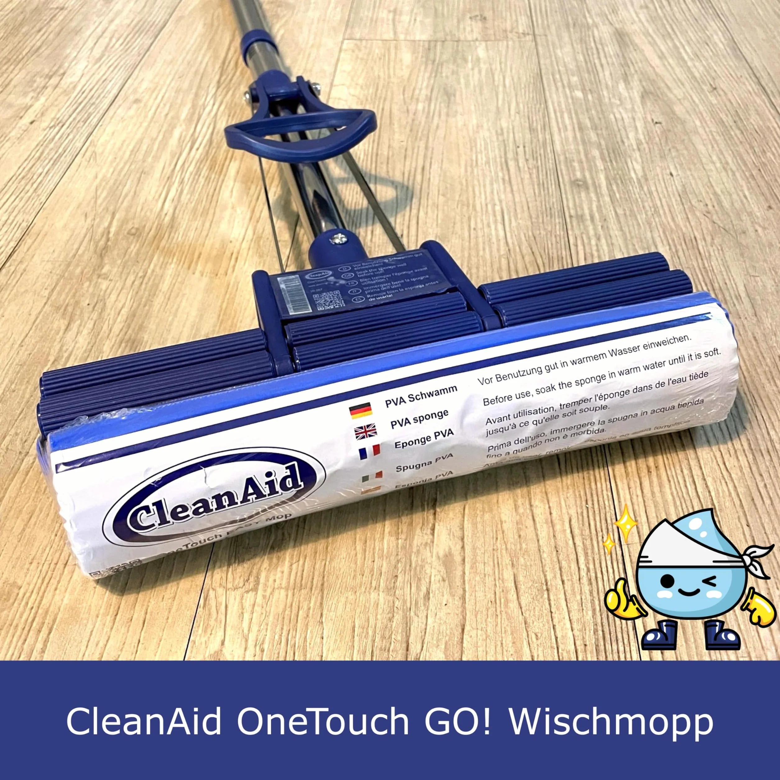 OneTouch GO! Mop ze stali nierdzewnej – trzonek segmentowy, 2 x gąbka PVA, funkcja One-Touch, wyciśnięcie bez smug, do laminatu, parkietu i płytek – higieniczna wycieraczka do podłogi bez