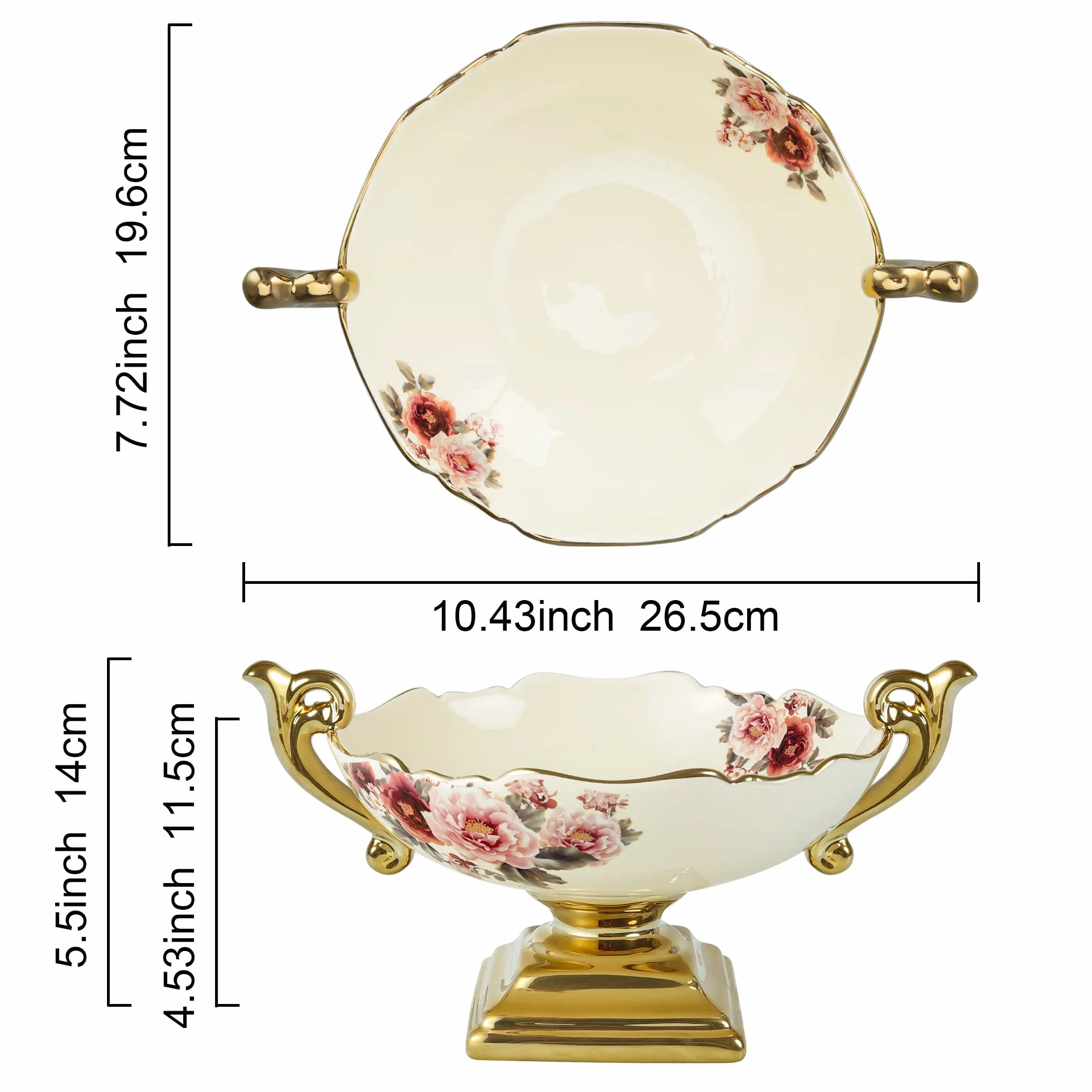 fanquare Dekorowane kwiatami porcelanowa miska z uchwytem, vintage salaterka, ceramiczna miska na owoce na nóżce na imprezy