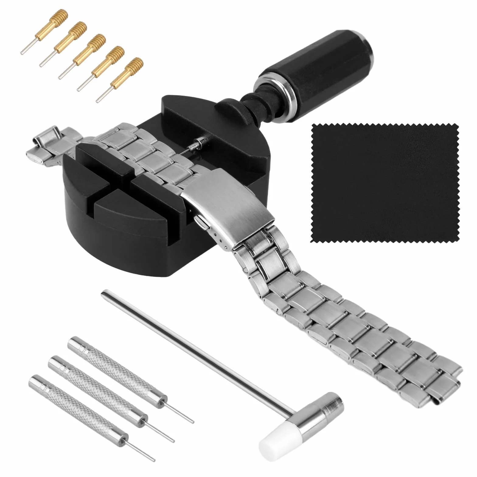 Zestaw narzędzi do naprawy zegarka Styquenzer, 11 szt., z regulatorem, szpilkami, młotem, teleskopem i ściereczką do czyszczenia, czarny, metalowy, unisex