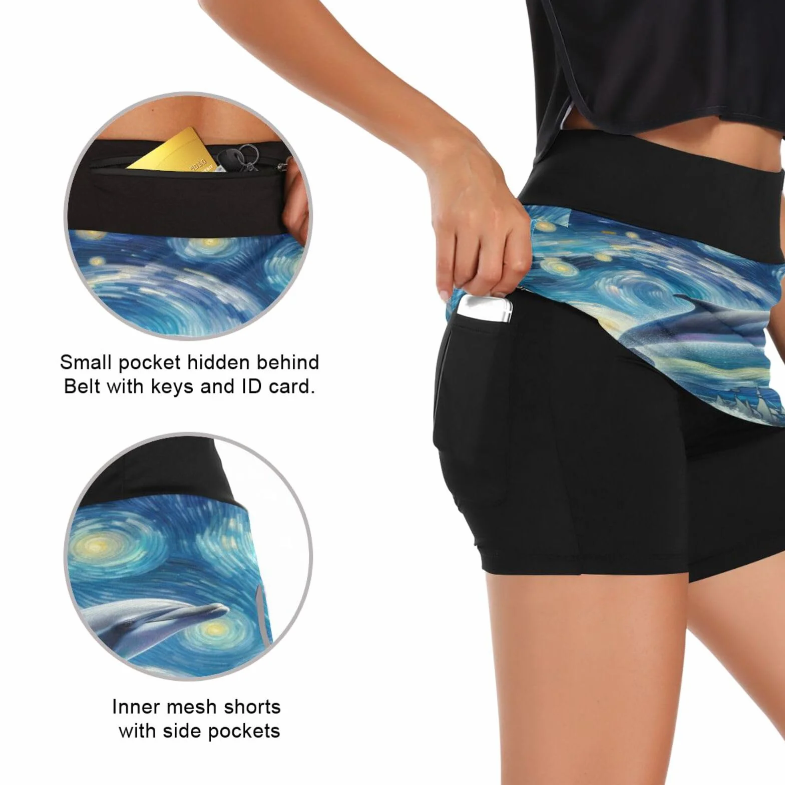 Dolphin Flying Starry Night Active Mini spódniczka sportowa, spódnice z wysokim stanem dla kobiet, kontrola brzucha
