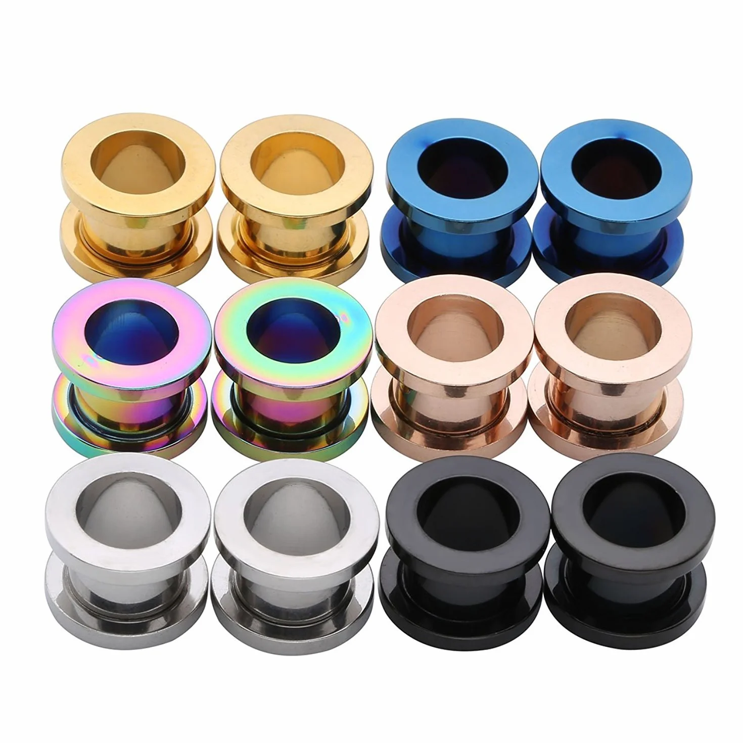 12 szt. 6 kolorów 316L stal nierdzewna O wskaźniki do uszu tunele do uszu wkręt do stosowania w biżuterii do piercingu ciała 14g (1,6mm), 6mm(2g), Stal nierdzewna