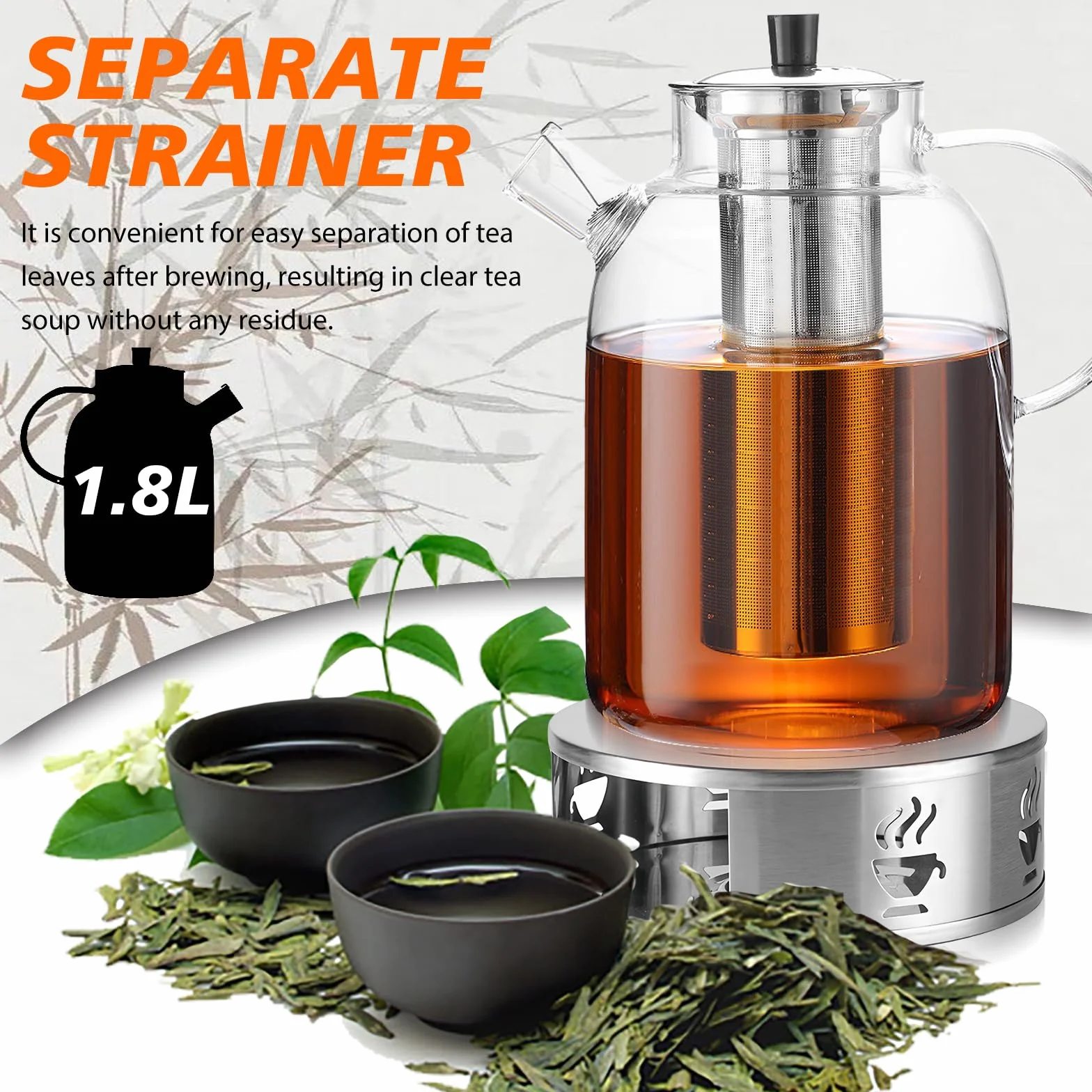 Dzbanek do herbaty, szklany z podgrzewaczem, 1,8 l, szklany dzbanek do herbaty z sitkiem, zaparzacz do herbaty z sitkiem i podgrzewaczem, utrzymuje ciepło przez długi czas, stal nierdzewna, do