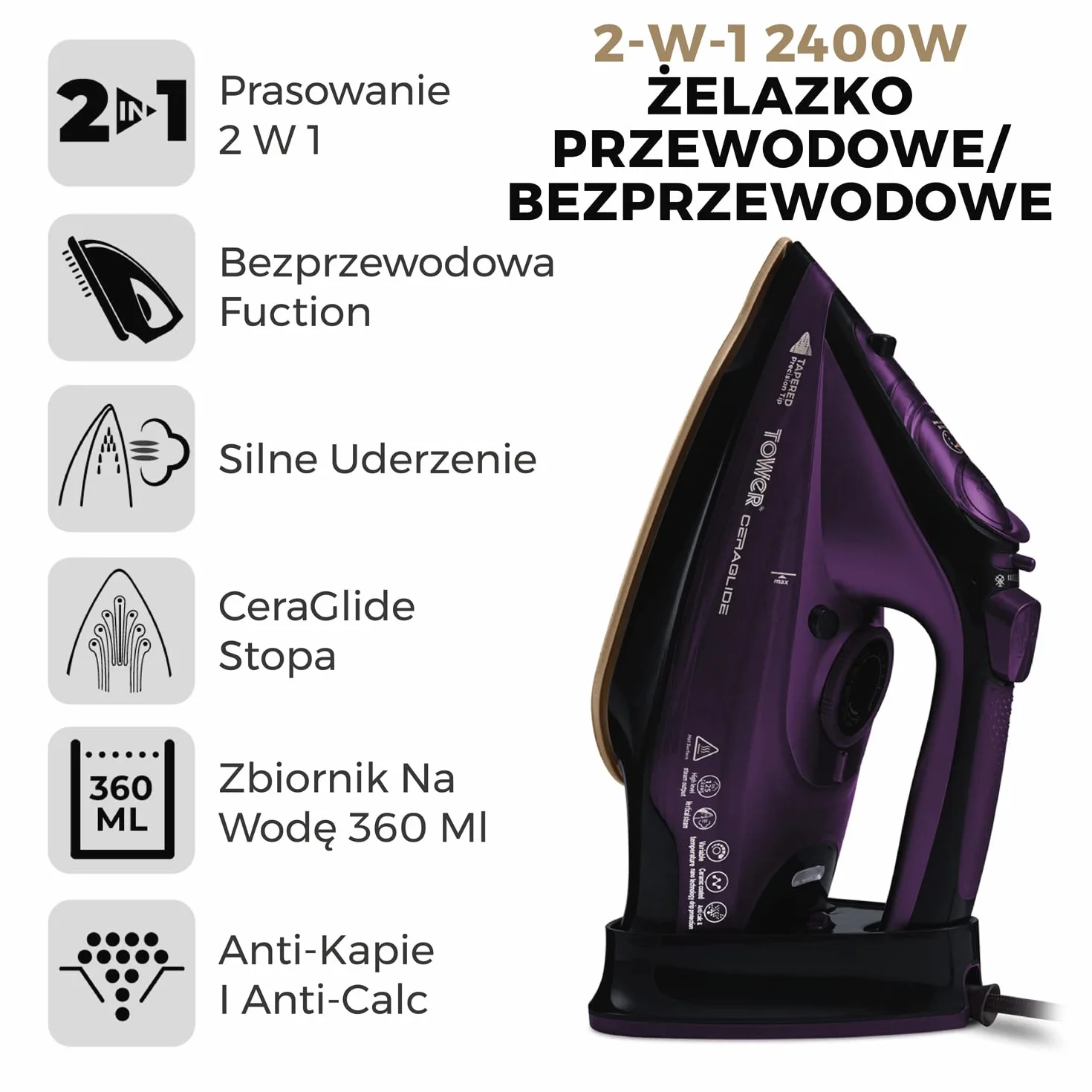Tower CeraGlide Bezprzewodowy Steam Żelazo z Ceramika Talerz Fioletowy