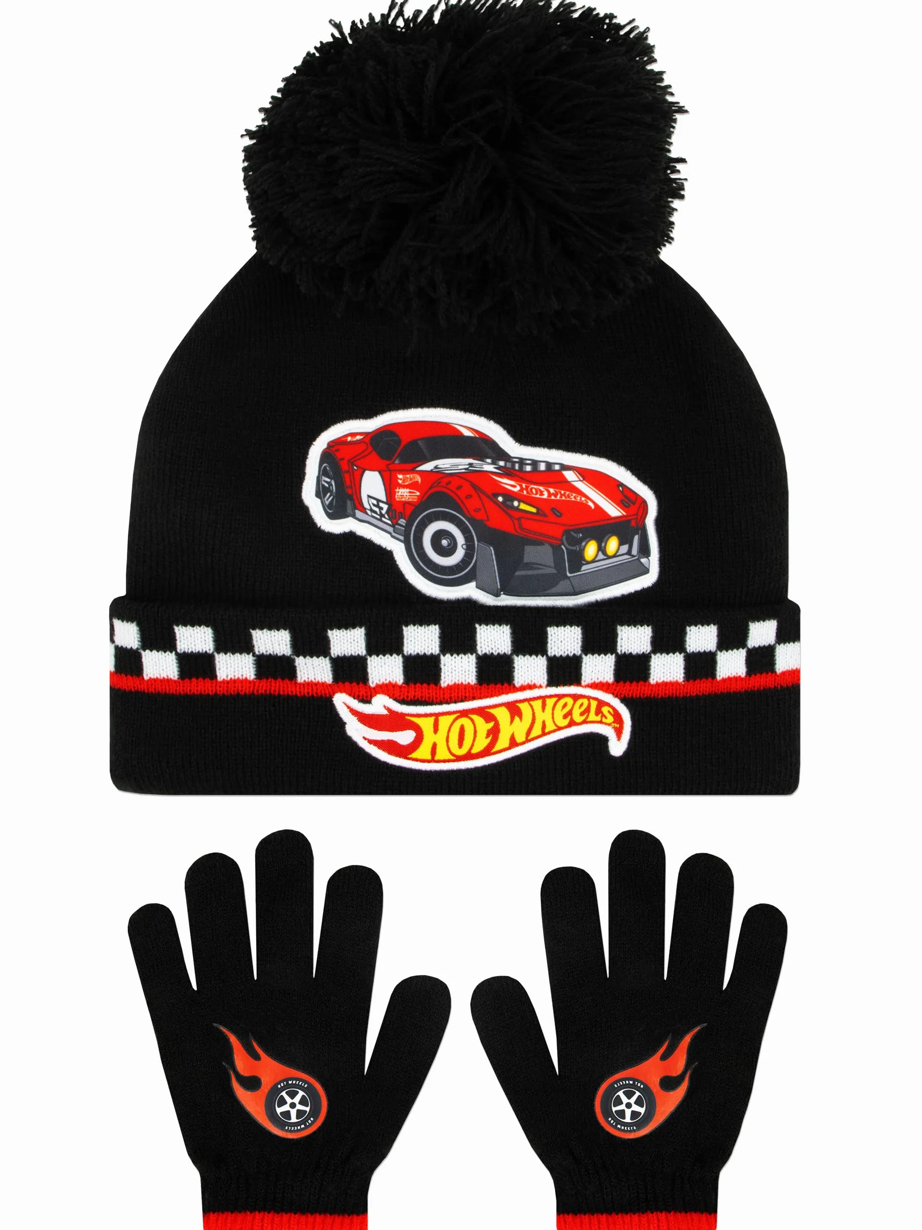 Zestaw Czapka I Rękawiczki Hot Wheels Dla Dzieci | Zimowe Czapki Z Samochodami Wyścigowymi Dla Dzieci | One Size Czarny