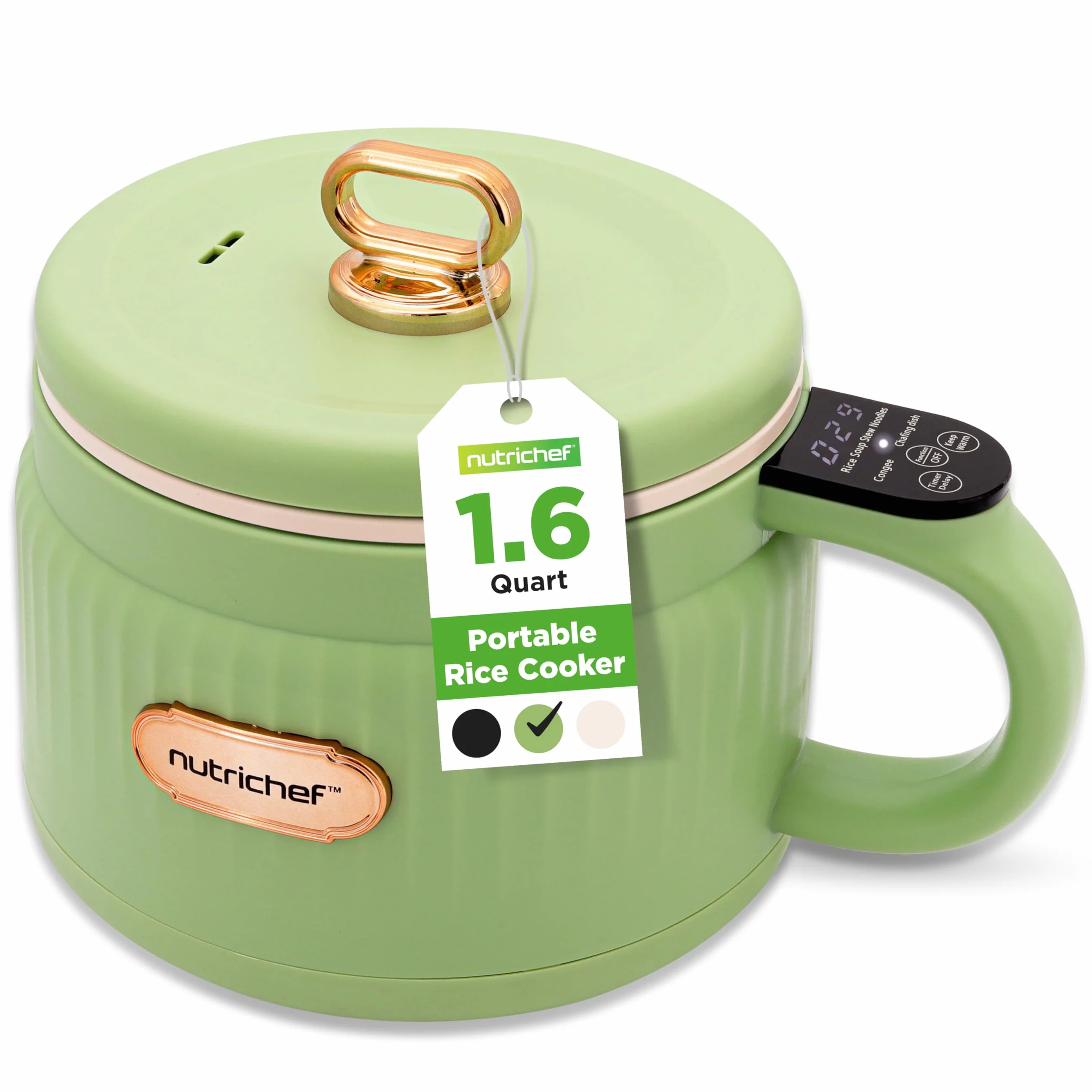 NutriChef 1.6 QT Elektryczny Garnek Do Ryżu Wielofunkcyjny Ceramika Antypoślizgowa Panel Cyfrowy 6 Funkcji Gotowania Zielony