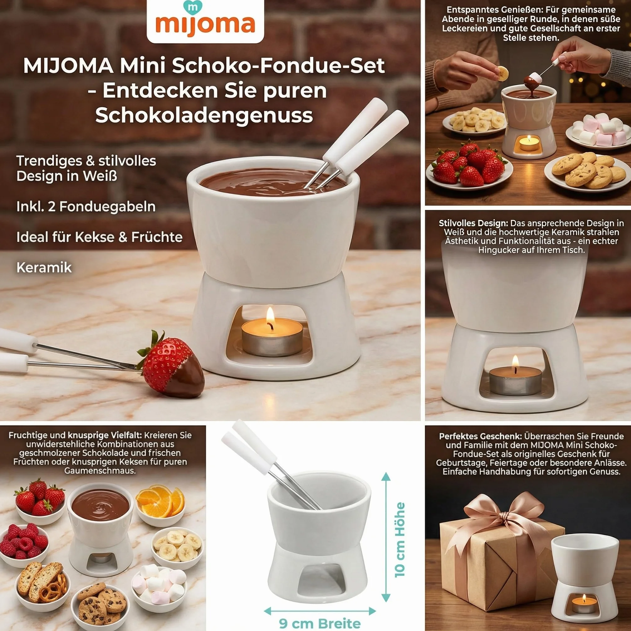 MIJOMA Mini zestaw do fondue czekoladowego biały 2 widelczyki
