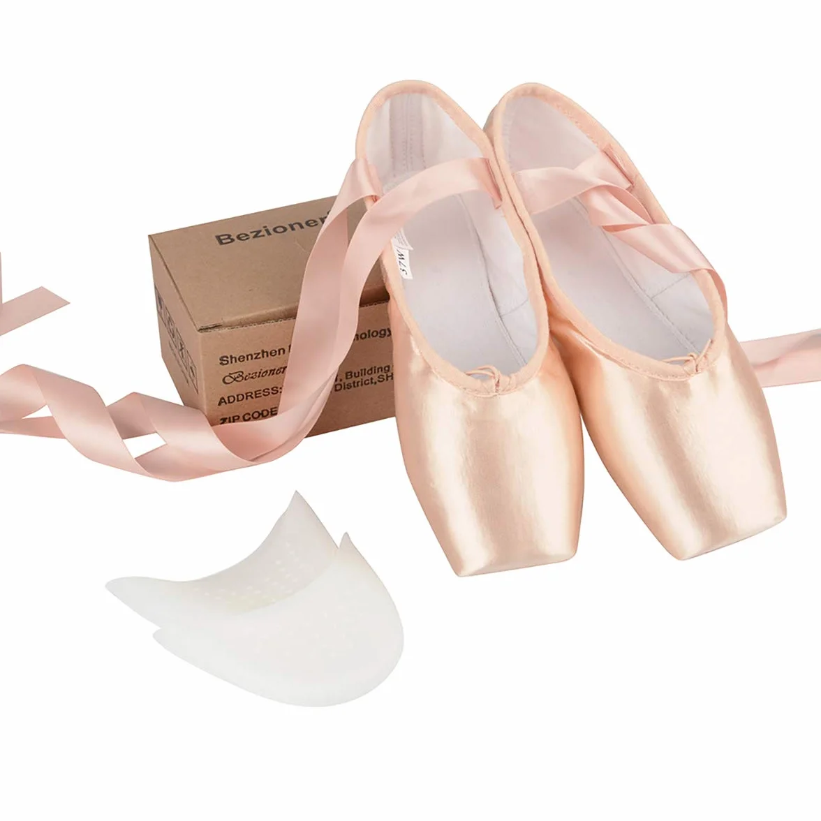 Bezioner Buty baletowe, różowa satyna, profesjonalne buty do tańca dla dziewcząt i kobiet z silikonowymi podkładkami na palce i wszytą wstążką, rozmiar 36-40