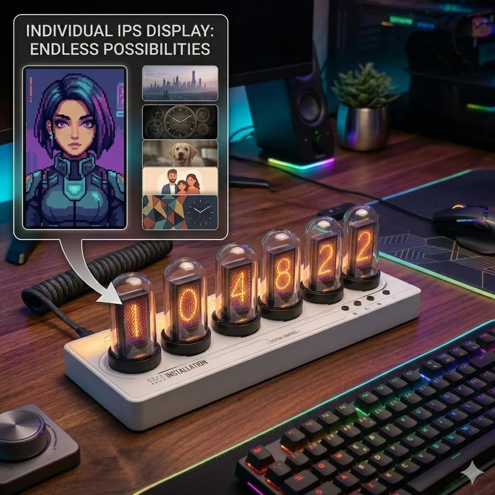 Mini Zegar z Lampami Nixie Ekran IPS Wielofunkcyjny Inteligentny Budzik na Biurko Zasilany przez USB Dekoracja Domowa Prezent