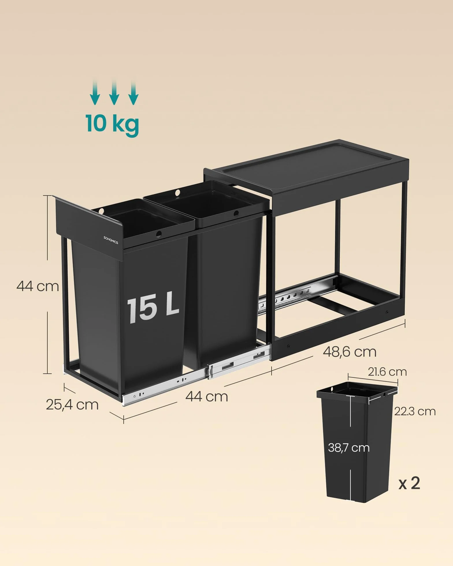 SONGMICS Kosz na odpady kuchenne, system segregacji odpadów pod szafką, 2 x 15 l, 2-komorowy, wysuwany, rama stalowa, pokrywa ABS, kolor czarny atramentowy LTB950B01