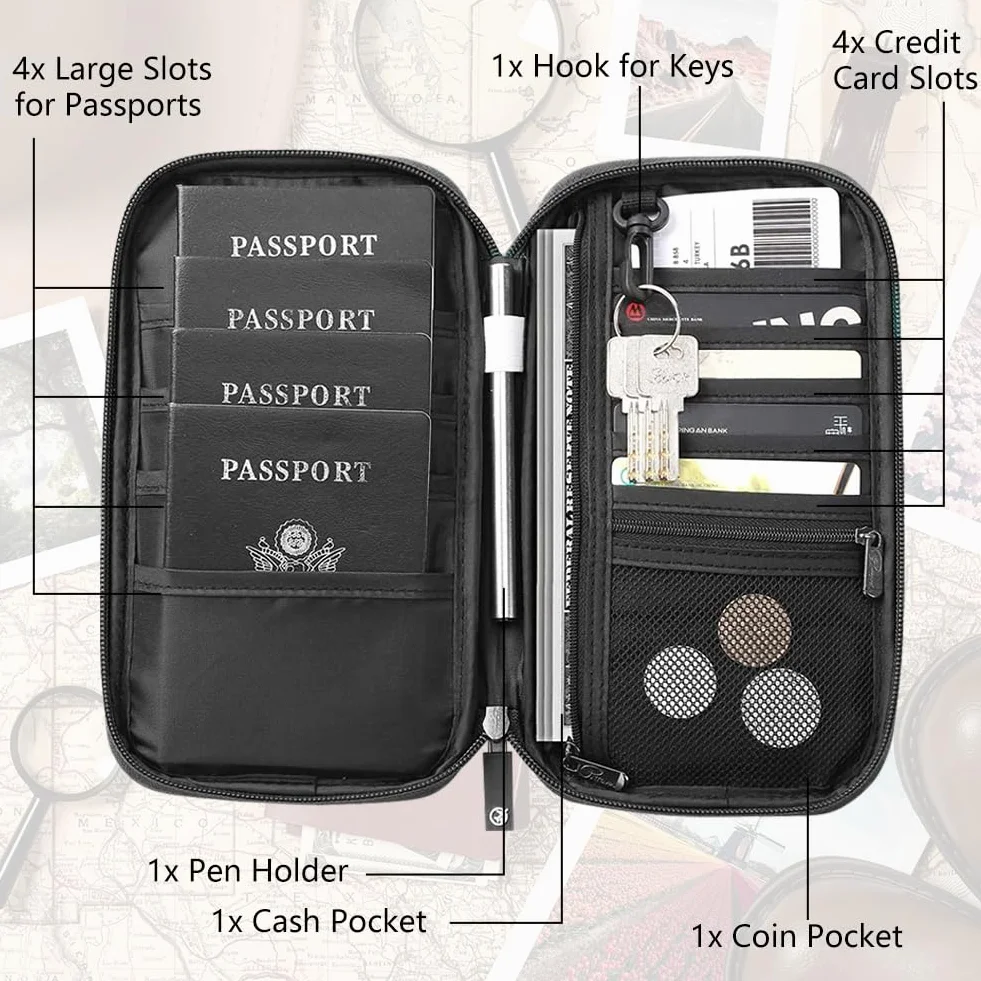 Aucuu Torba na paszport rodzinny, etui ochronne na paszport, organizer podróżny, wodoszczelny, organizer na dokumenty podróżne, przenośne etui na paszport, na karty kredytowe, dokumenty podróżne