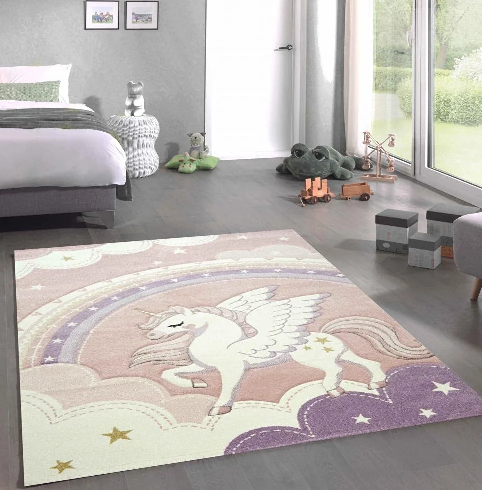CARPETIA Dywan 200x290 cm różowy kremowy niebo chmury tęcza jednorożec