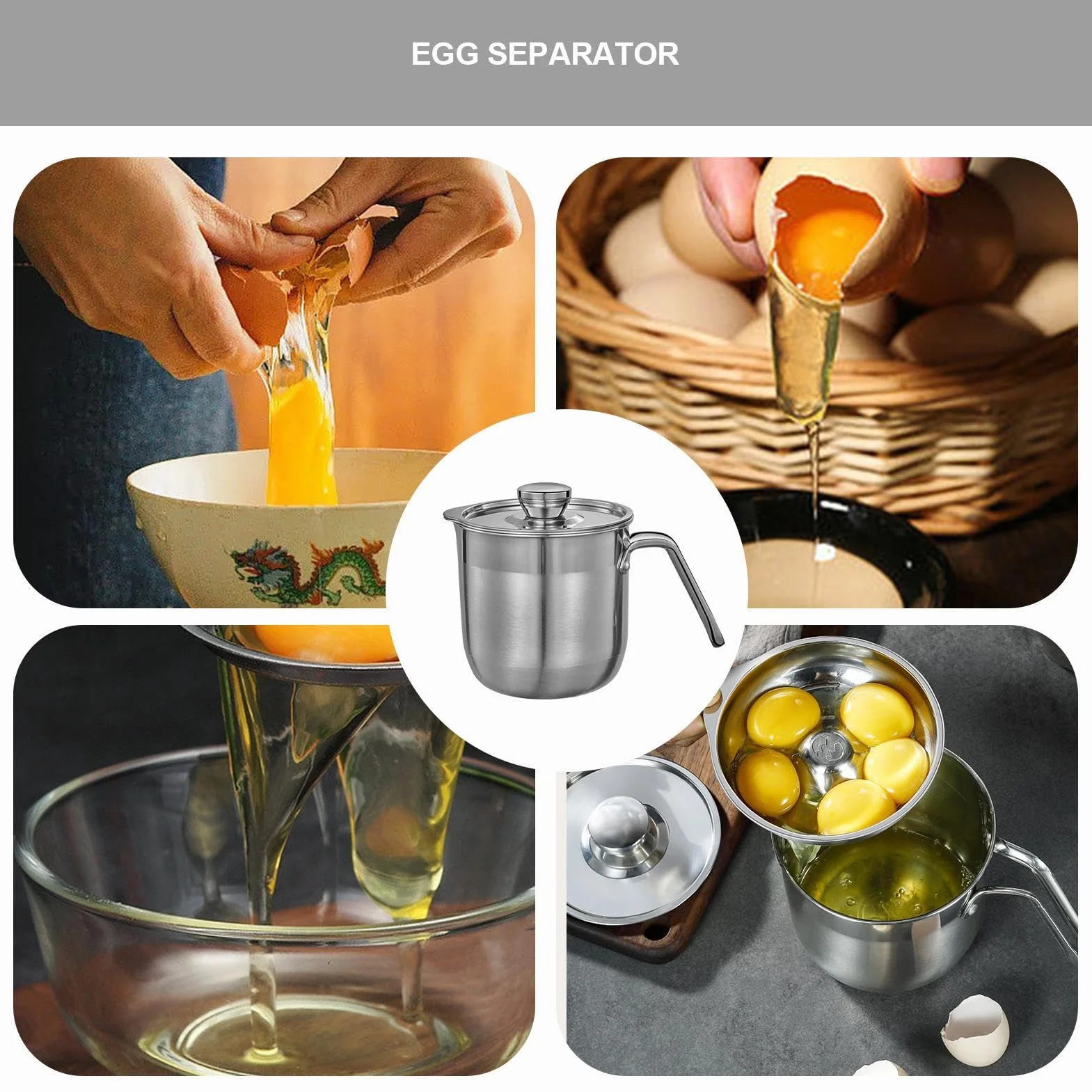 Separator jajek, kubek ze stali nierdzewnej, duża pojemność, trwały, z pokrywką i uchwytem, wiele przegródek na jajka do pieczenia, ciasta, robienia śmietany, 1 sztuka, łatwy do czyszczenia