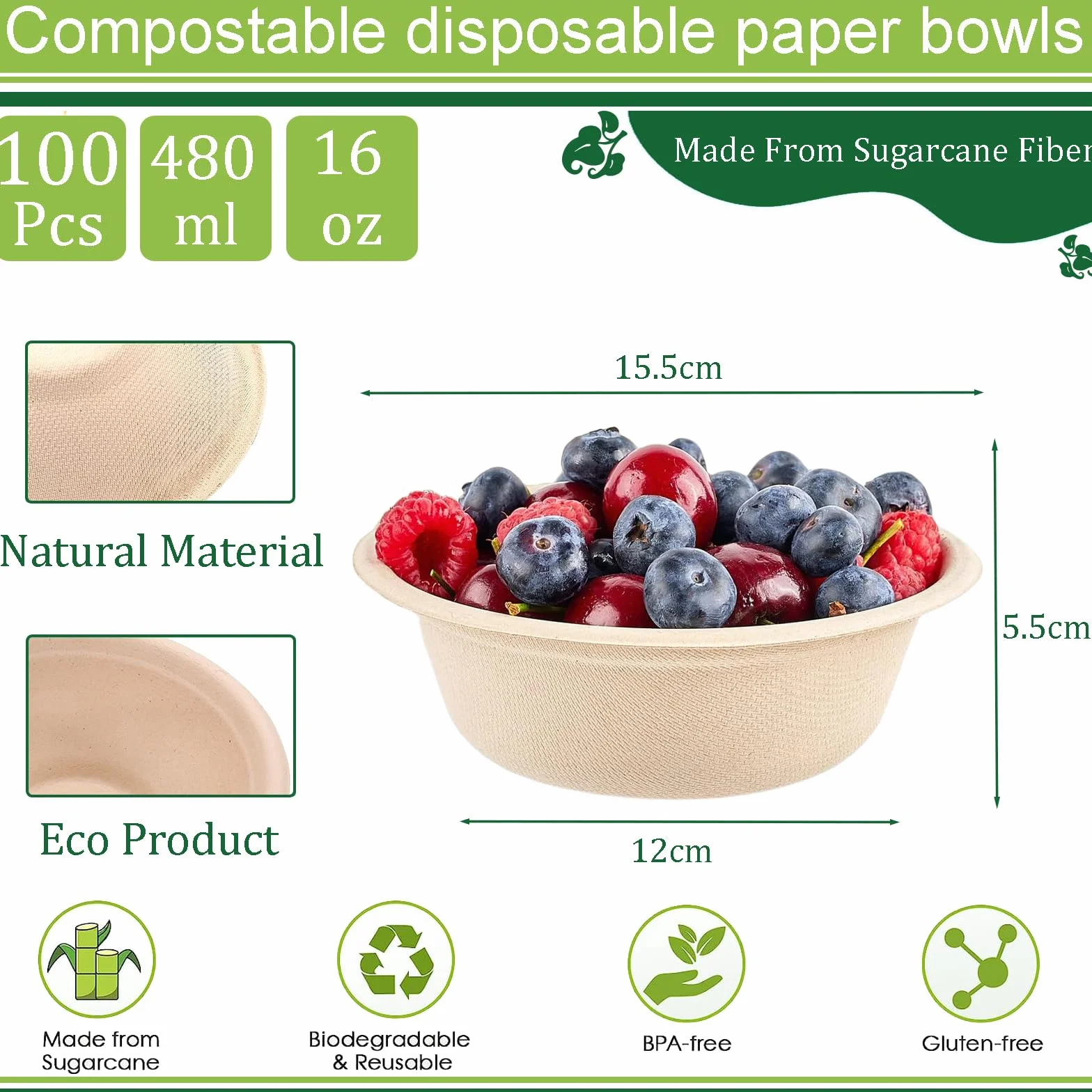 Papierowe miski jednorazowe 480 ml 100 szt. biodegradowalne kompostowalne