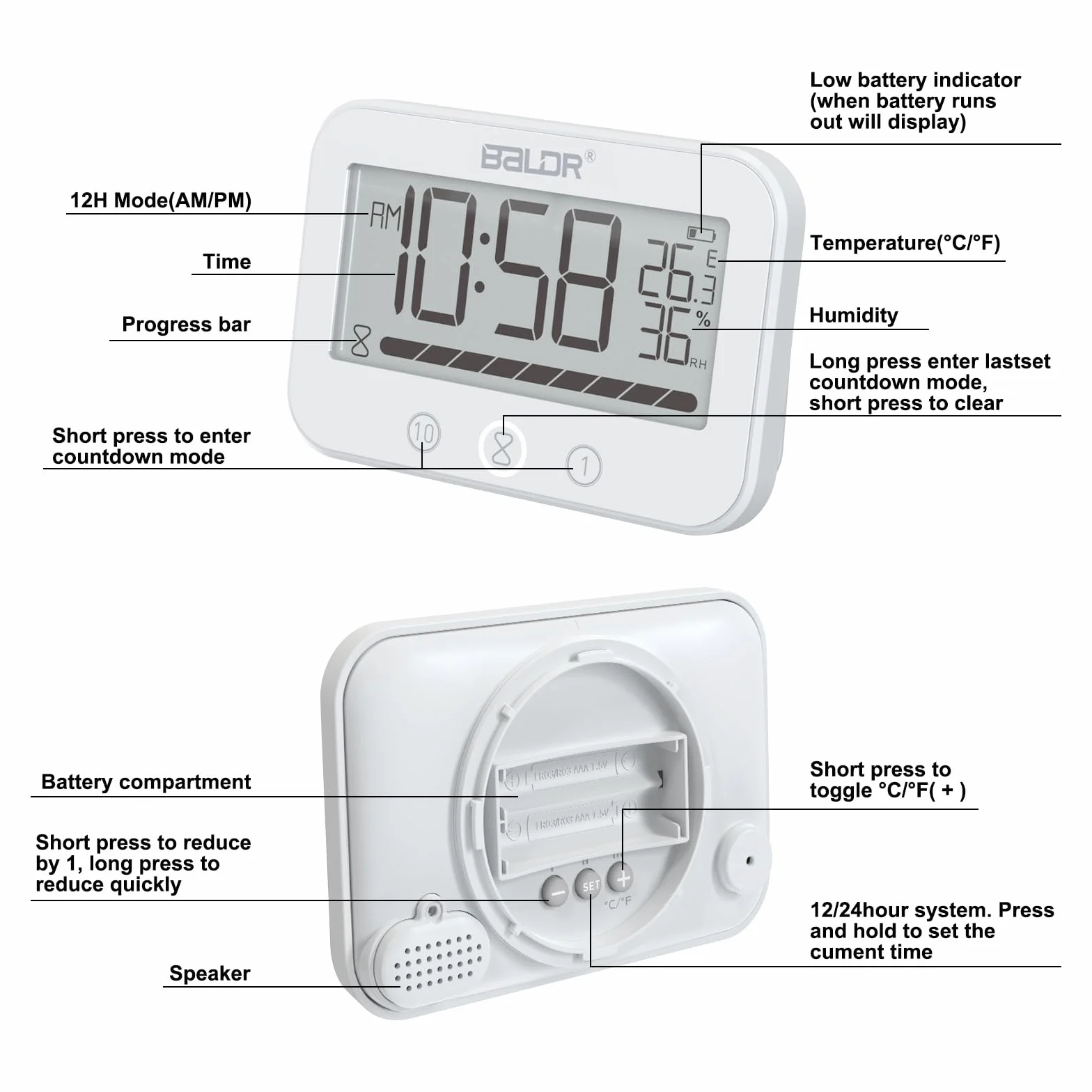 Cyfrowy zegar łazienkowy IP54 z temperaturą i wilgotnością, 99-minutowy timer LCD z alarmem