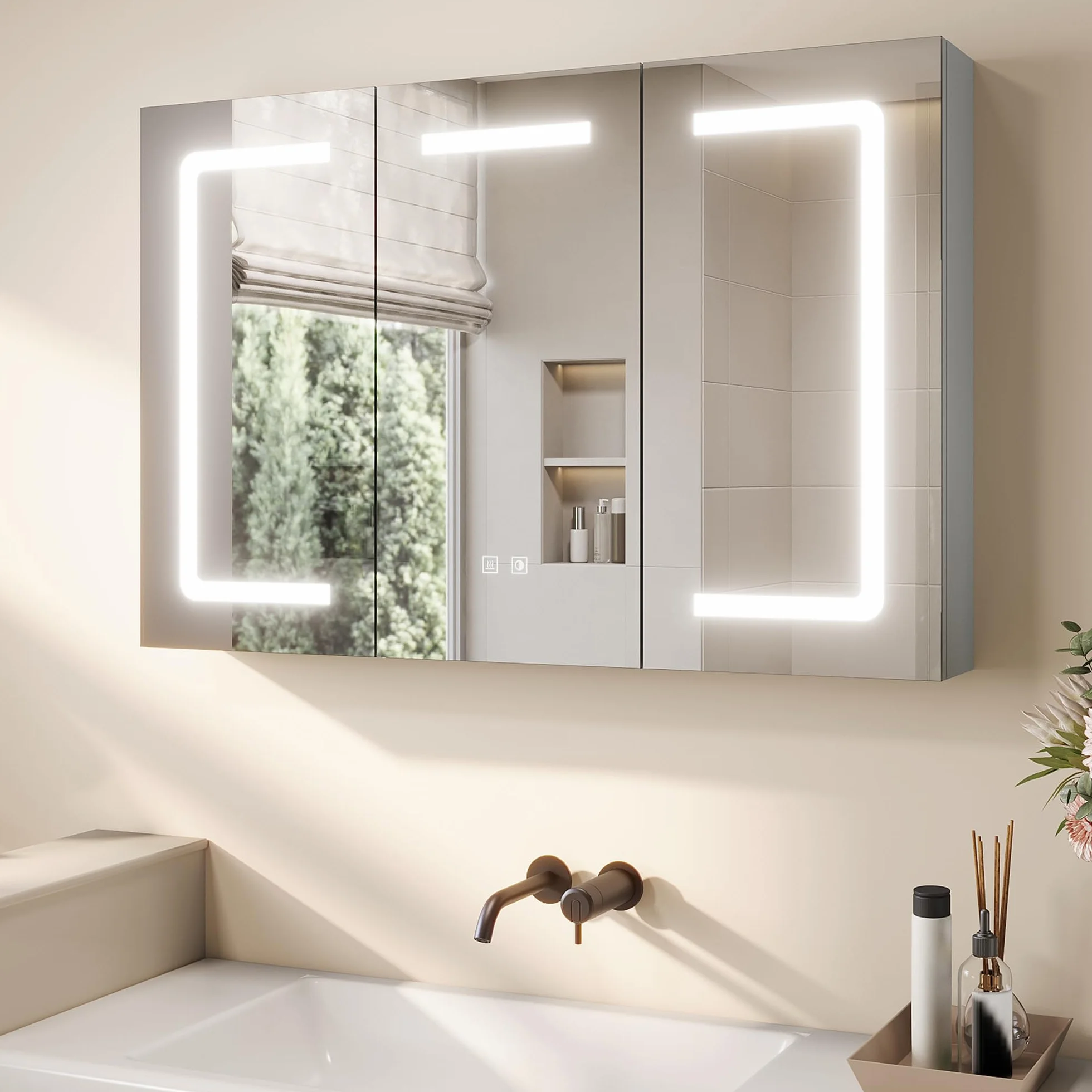 SONNI 3-drzwiowa szafka łazienkowa z lustrem 90 cm szara LED oświetlenie zapobiegająca zaparowaniu gniazdko 3 kolory światła ściemnianie