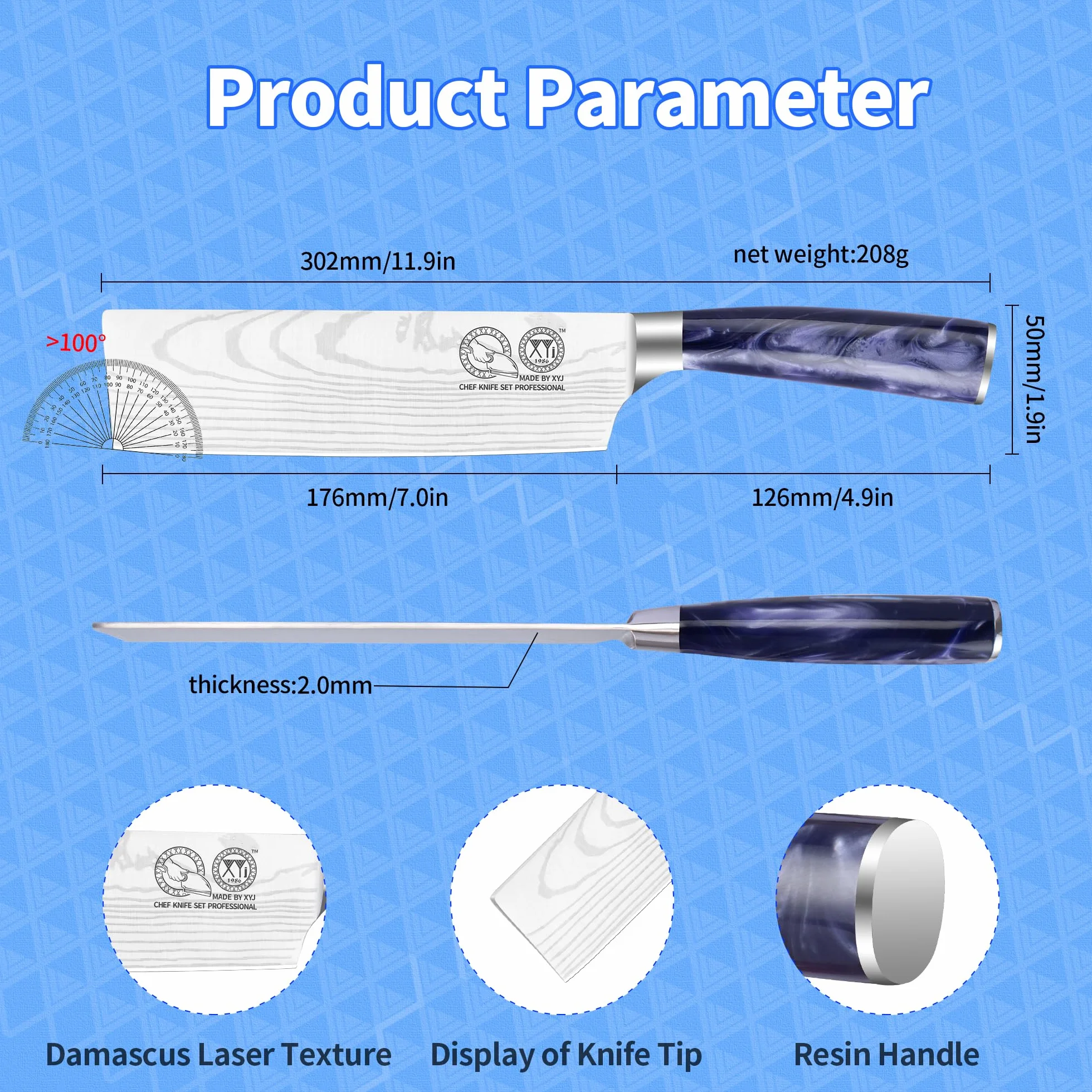 XYJ Authentic Since 1986,7 Inch Japanese Nakiri Knife,Stainless Steel Kitchen Cutlery,Meat Cleaver,Laser Damacus Pattern,Slicing Chef Knife With Sleeve,Resin Handle