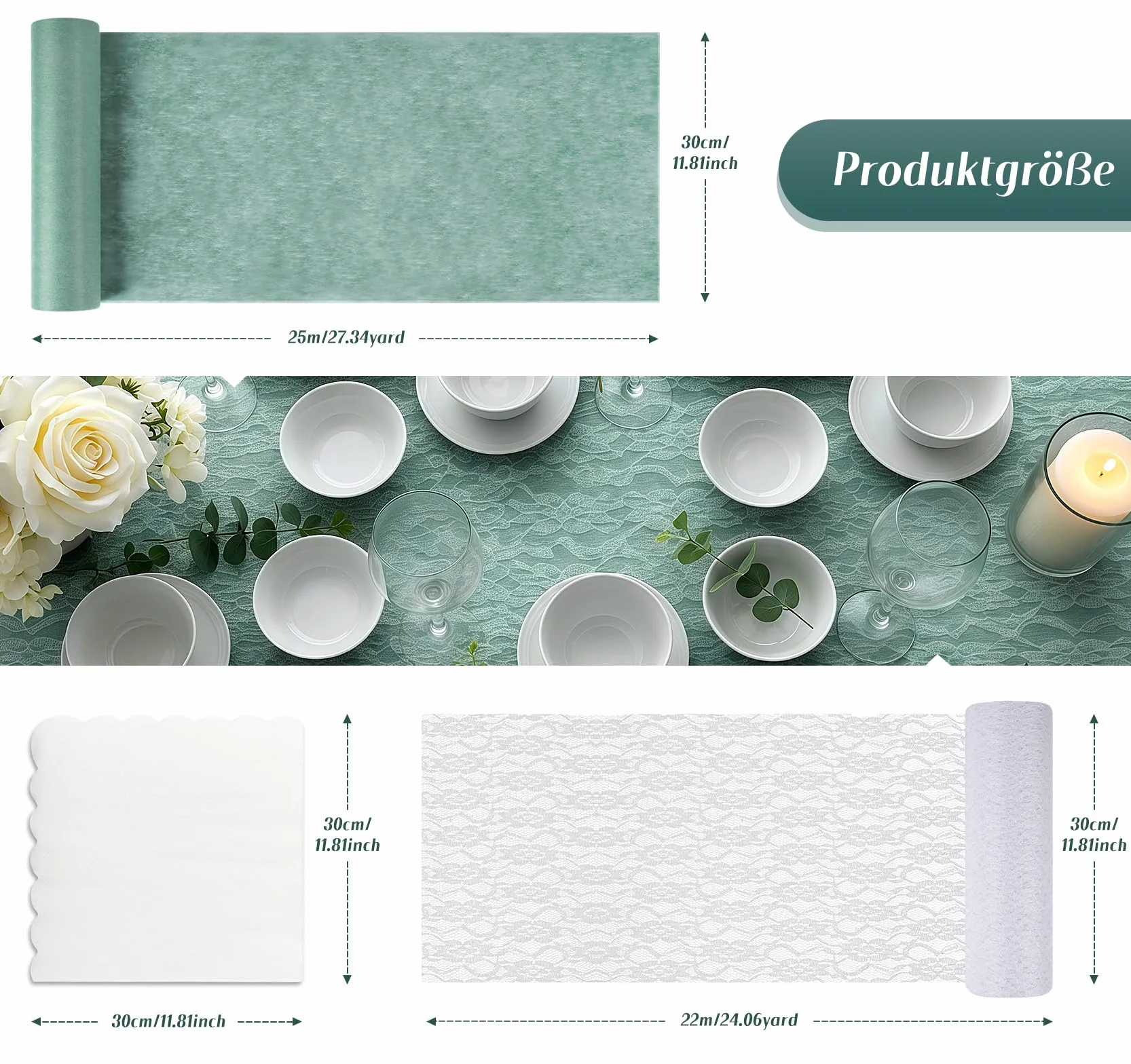 Anstore Zestaw dekoracji stołu, bieżnik 30 cm x 25 m, bieżnik koronkowy 30 cm x 22 m, serwetki kwiatowe 33 x 33 cm na komunię wesele