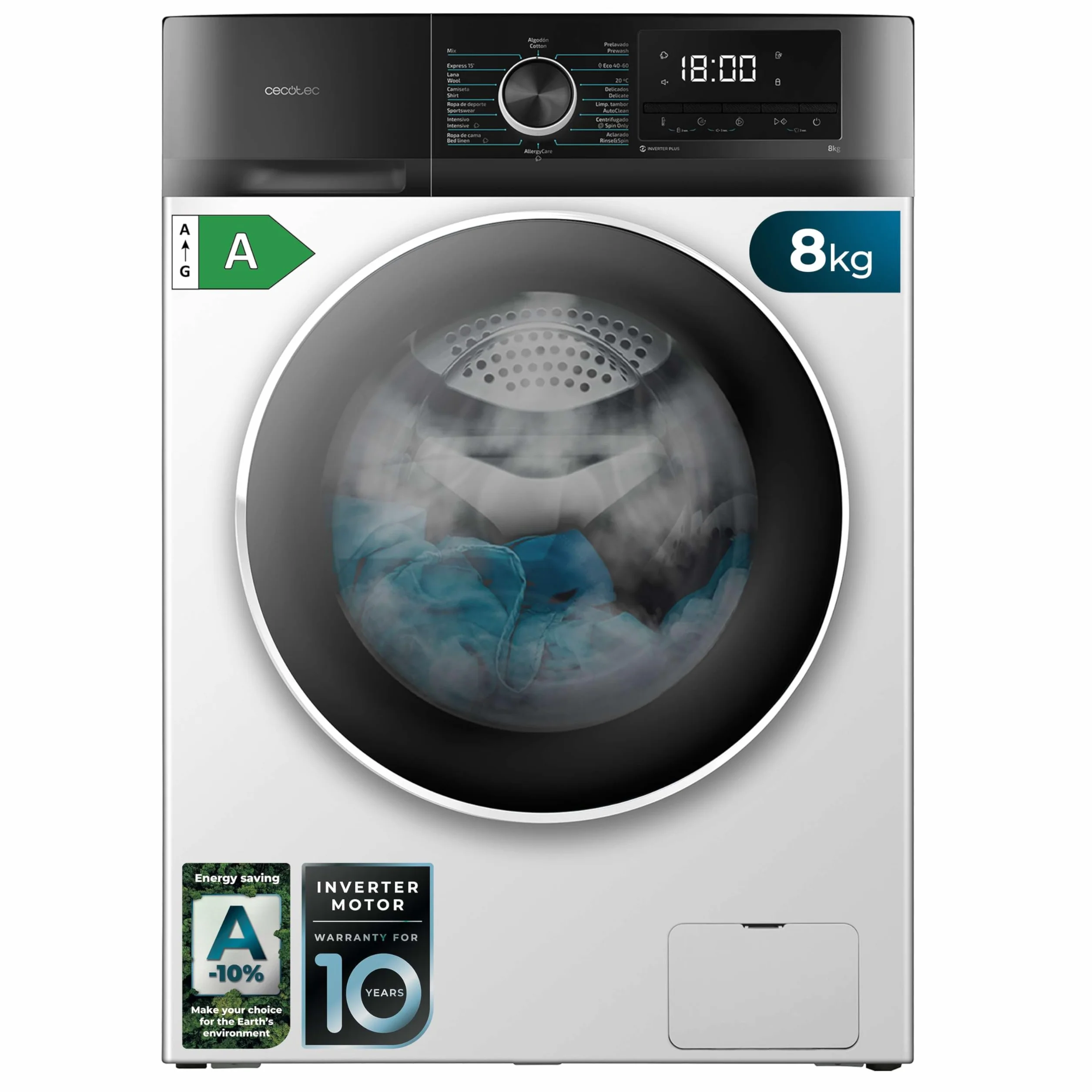Cecotec Pralka 8 Kg Ładowanie przednie Bolero Dresscode 8500 Inverter A. 1900 W, 1400 obr/min, Silnik Inverter Plus, Niskie zużycie, 16 programów, SteamMax, Delay Start, Biały