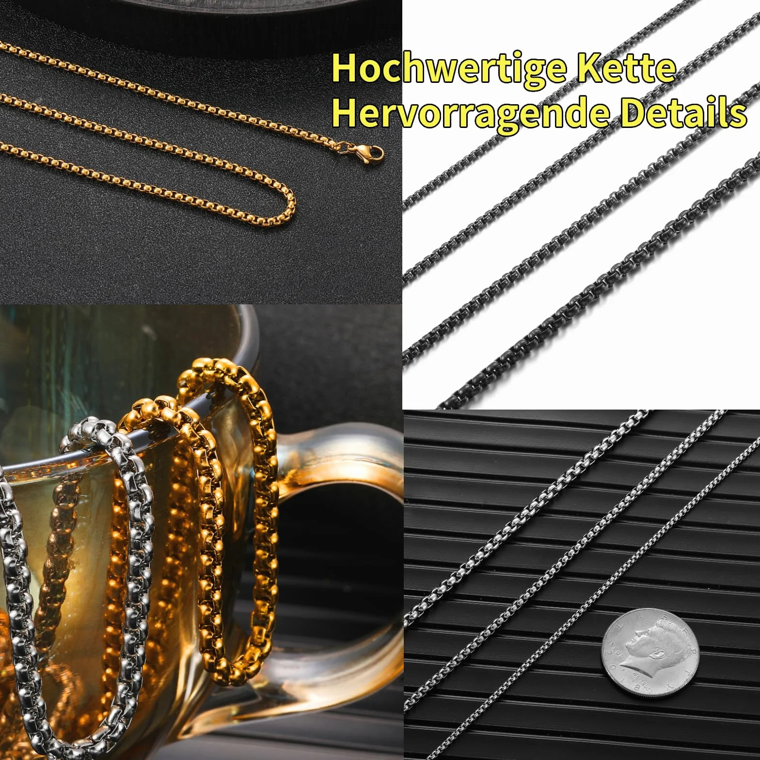 Męski damski łańcuszek na szyję ze stali nierdzewnej Venetian Link Kolia 2/2,5/3/4 mm 45/50/55/60/70 cm pudełko łańcuszek dla mężczyzn biżuteria srebrny / złoty / czarny
